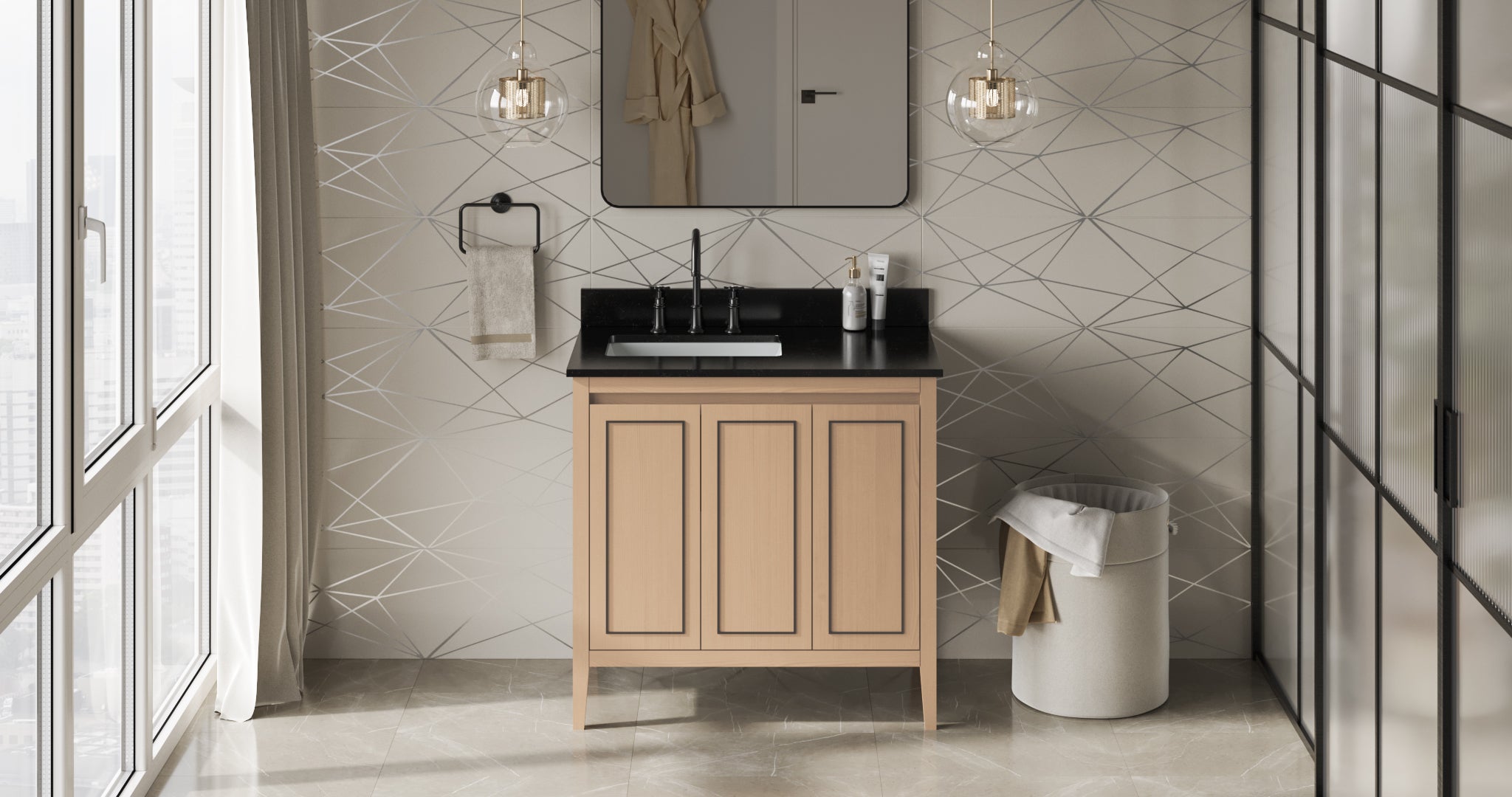 Percival 36" Single Bathroom Vanity Set Natural Oak, Black Granite Vanity Top, Rectangle Bowl | KitchBath