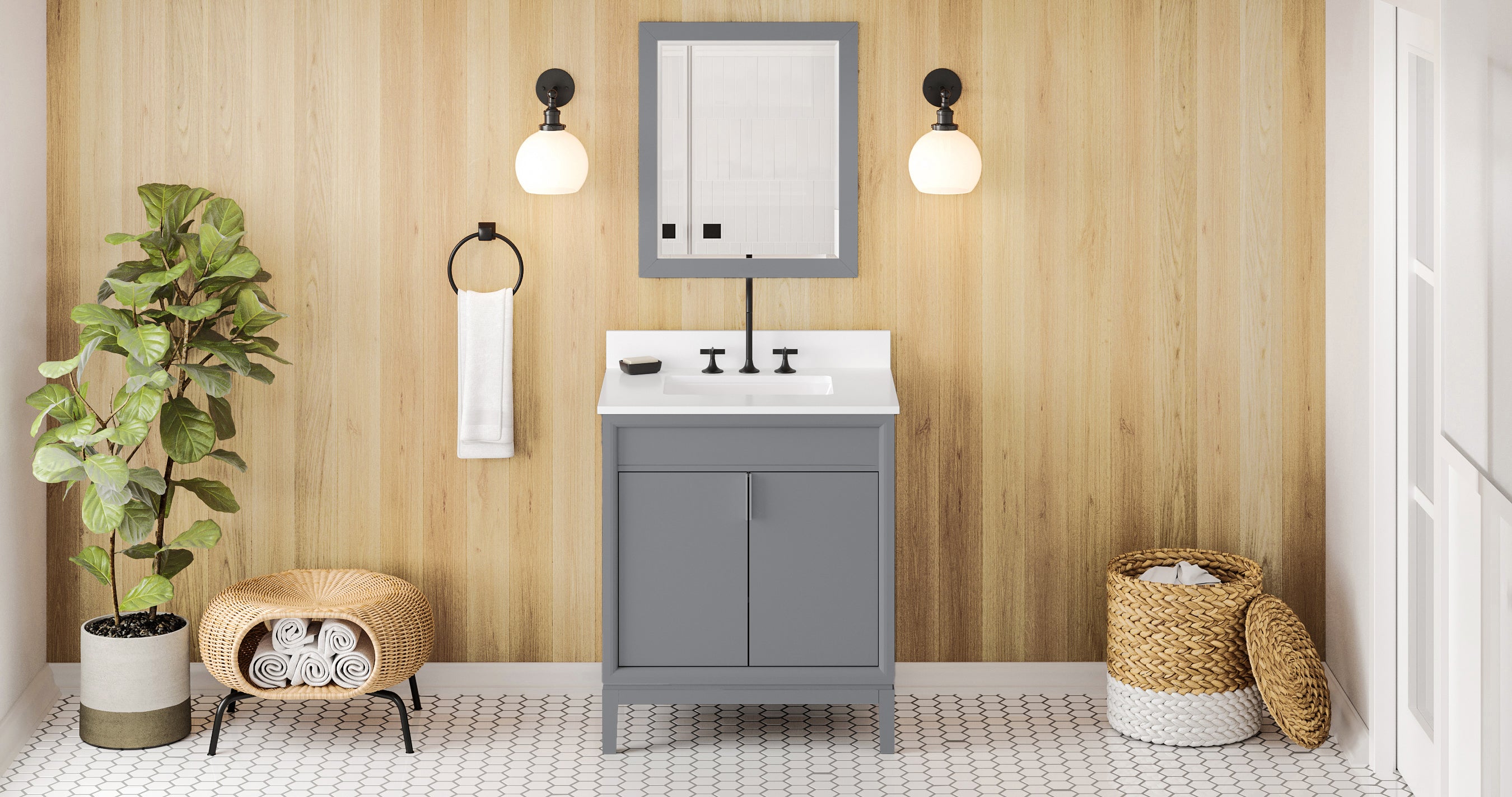 Theodora 30" Grey Theodora Vanity, White Quartz Vanity Top, Undermount Rectangle Sink | KitchBath