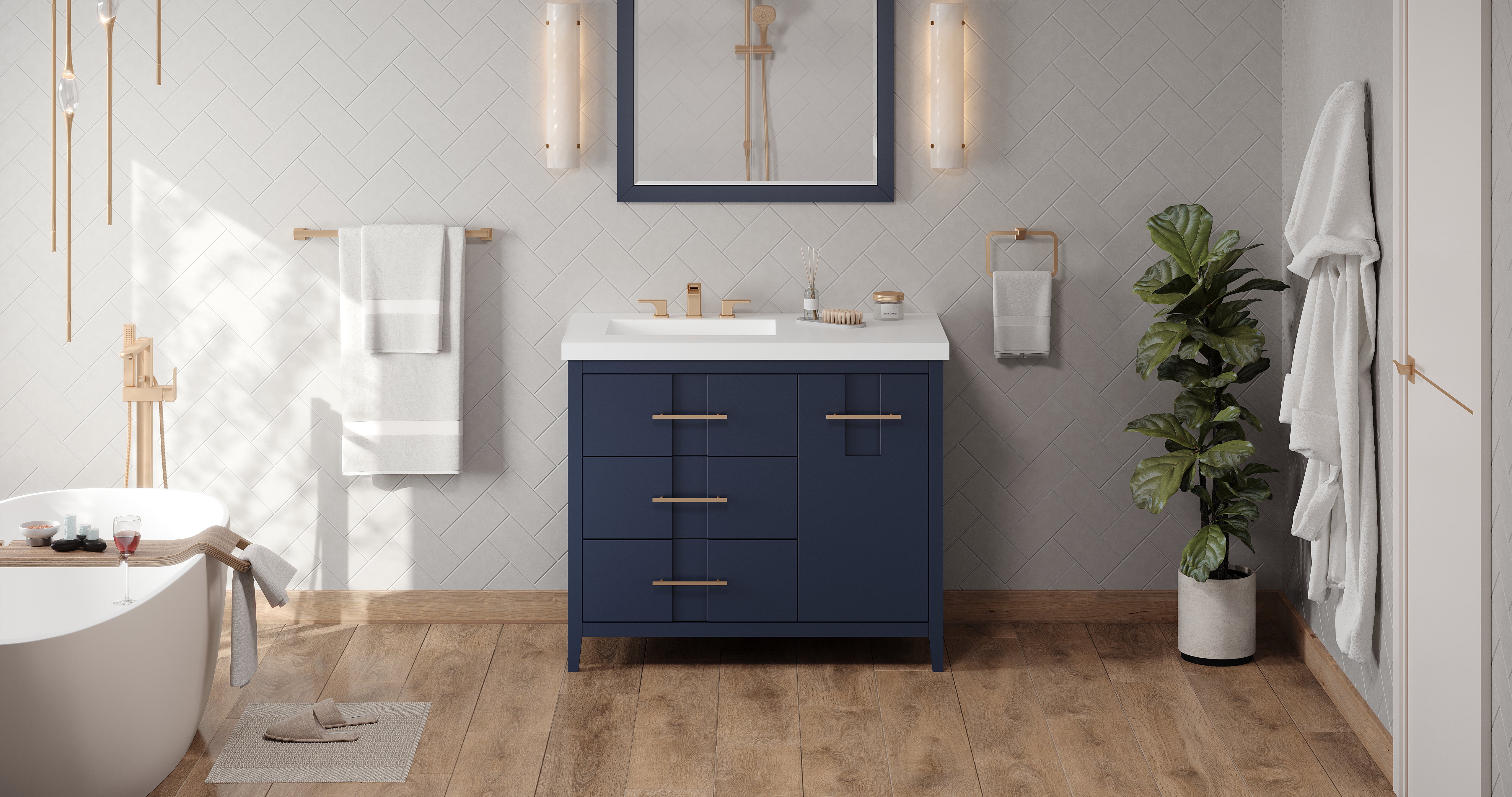 Katara 42" Single Bathroom Vanity Set Hale Blue, White Resin Vanity Top, Rectangle Bowl | KitchBath