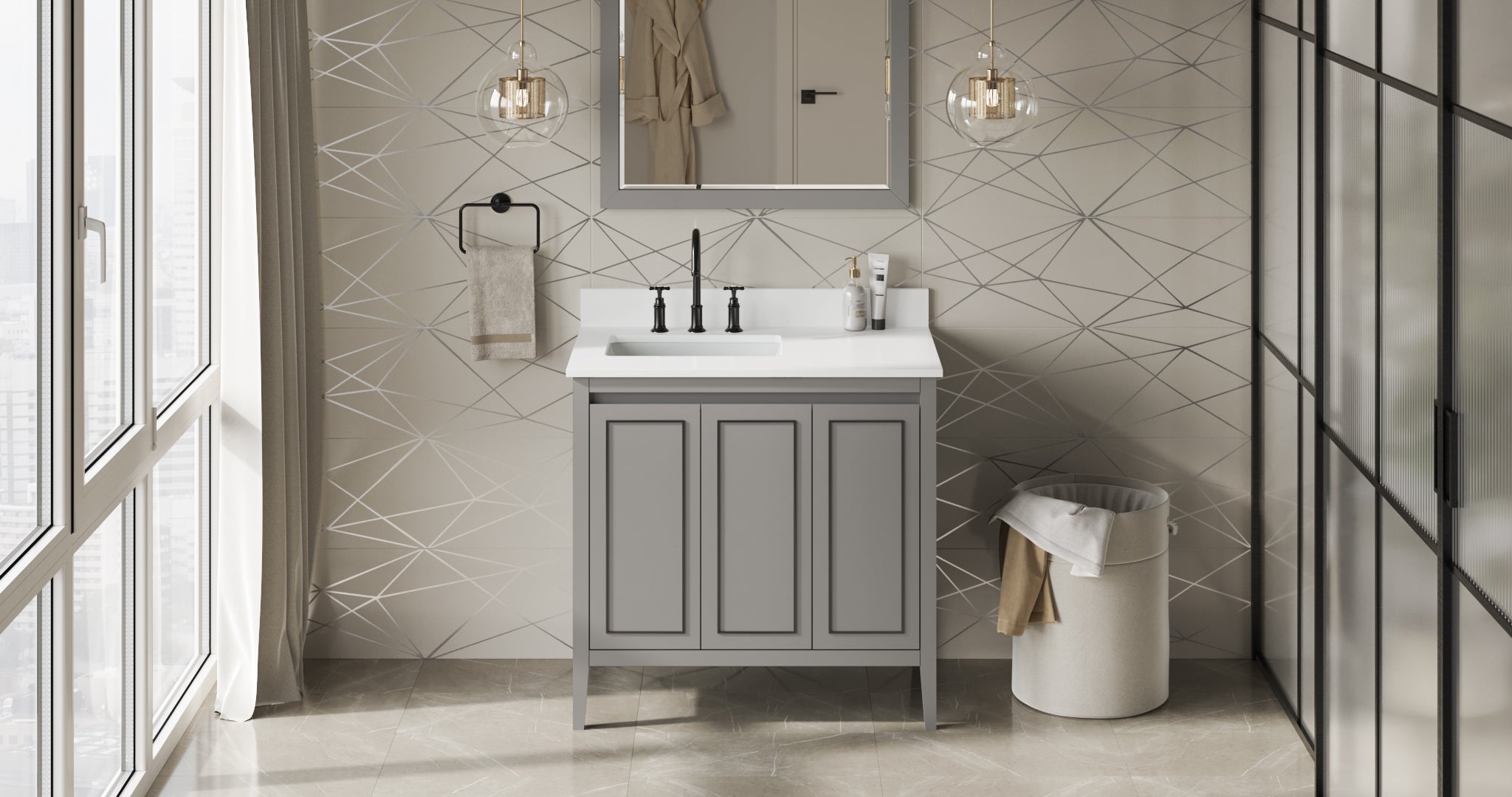 Percival 36" Grey Percival Vanity, Left Offset, White Quartz Vanity Top, Undermount Rectangle Bowl | KitchBath
