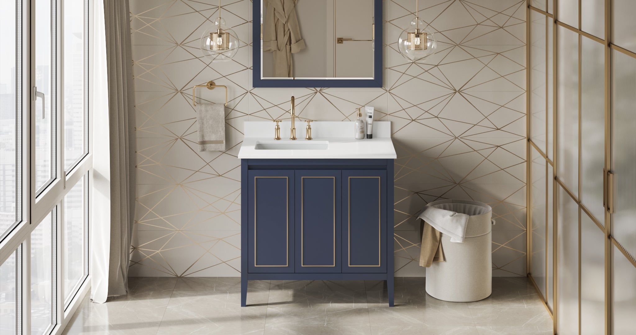 Percival 36" Hale Blue Percival Vanity, Left Offset, White Quartz Vanity Top, Undermount Rectangle Bowl | KitchBath