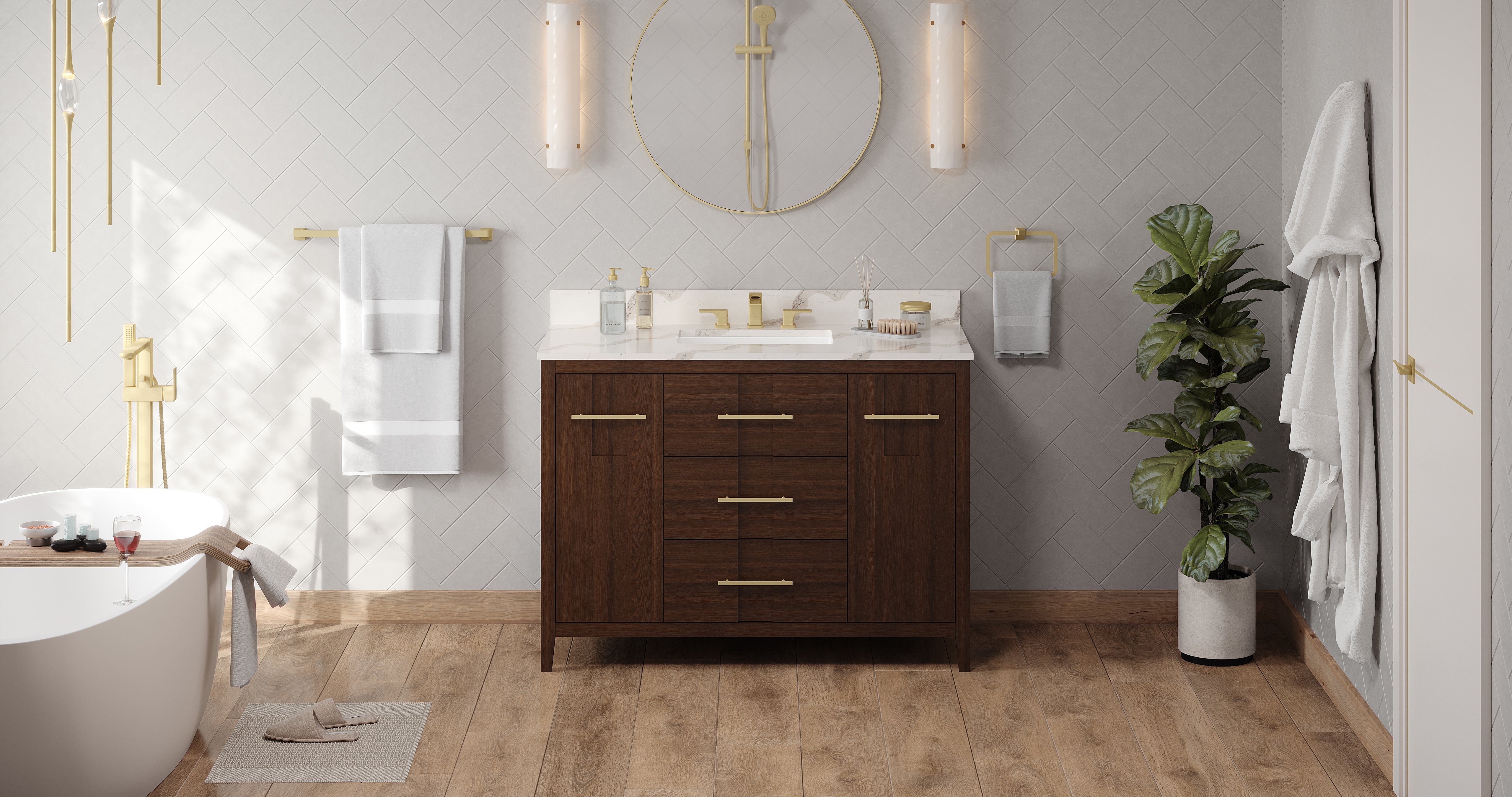 Katara 48" Single Bathroom Vanity Set Dark Walnut, Calacatta Vienna Quartz Vanity Top, Rectangle Bowl | KitchBath