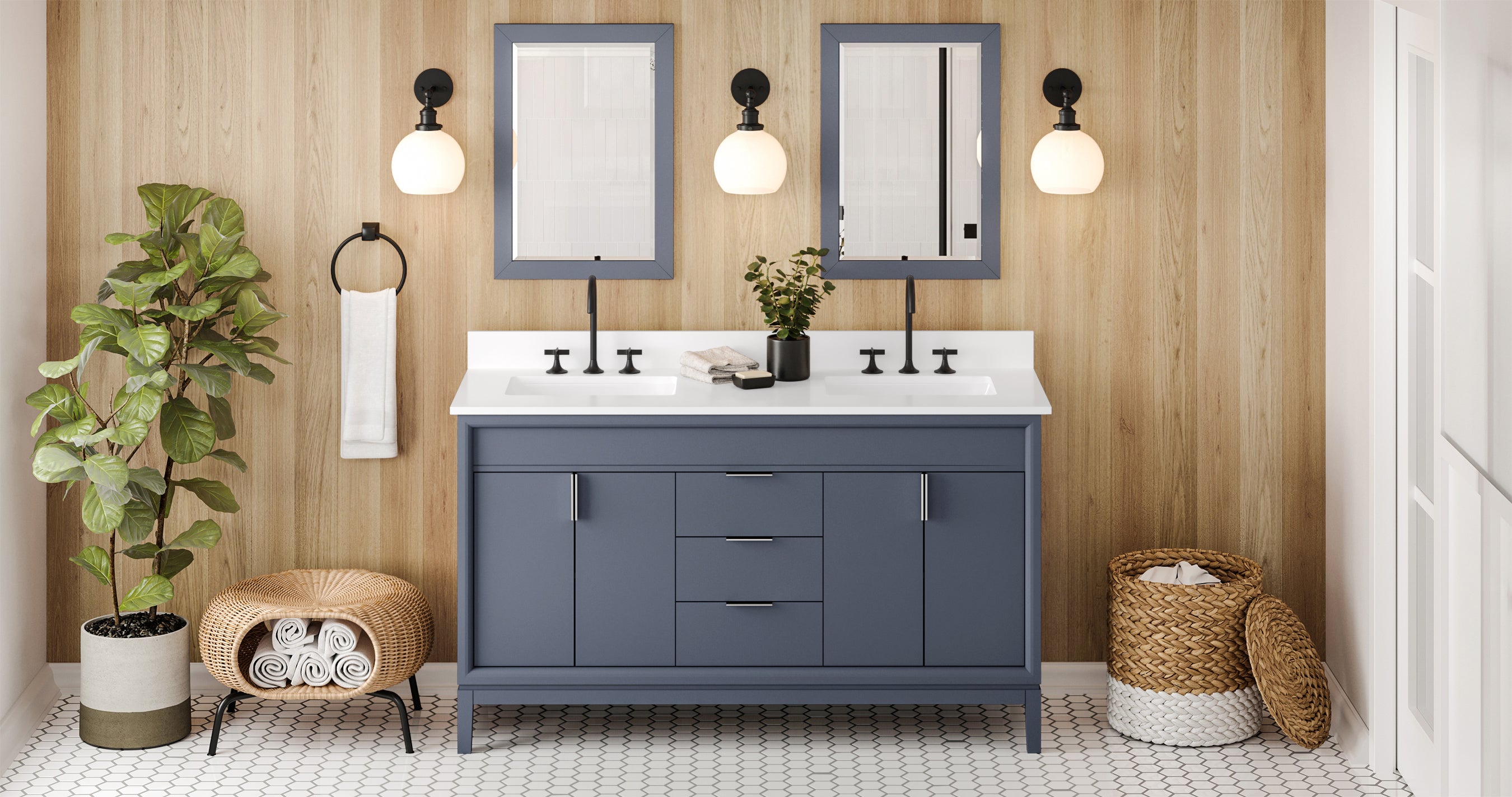 Theodora 60" Blue Steel Theodora Vanity, Double Bowl, White Quartz Vanity Top, Two Undermount Rectangle Bowls | KitchBath