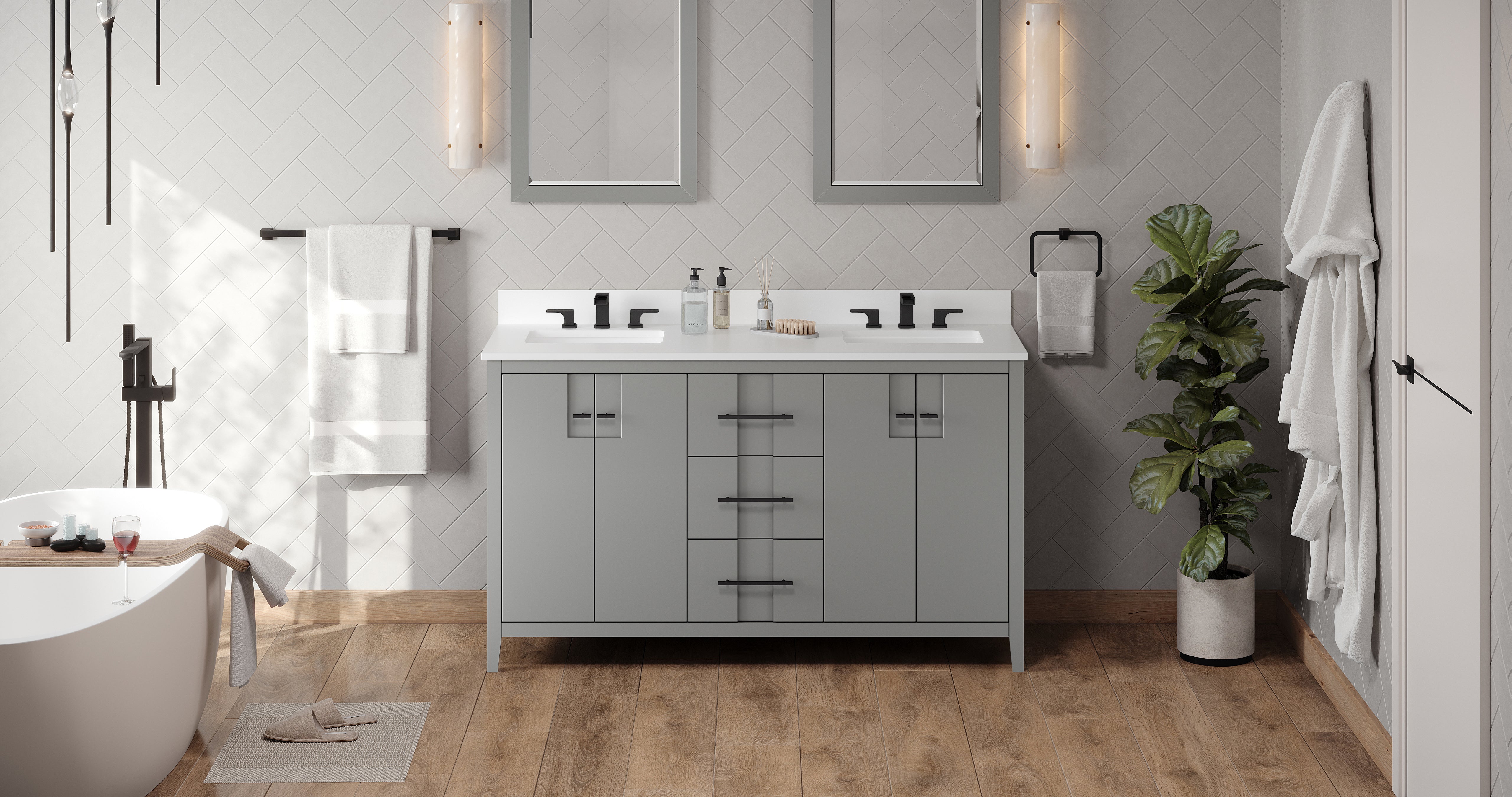 Katara 60" Grey Katara Vanity, Double Bowl, White Quartz Vanity Top, Two Undermount Rectangle Bowls | KitchBath