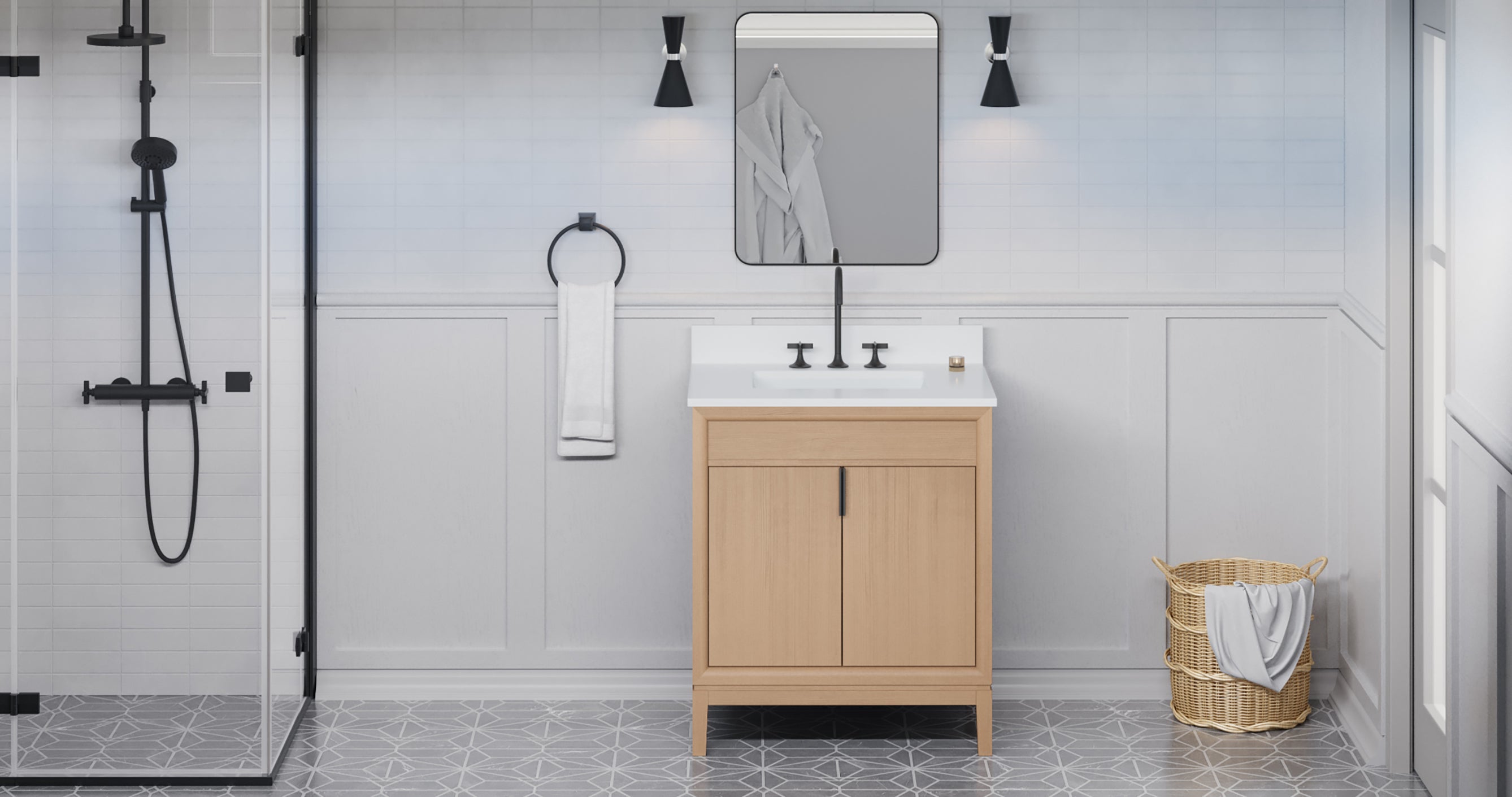 Theodora 30" Single Bathroom Vanity Set Natural Oak, White Quartz Vanity Top, Rectangle Sink | KitchBath