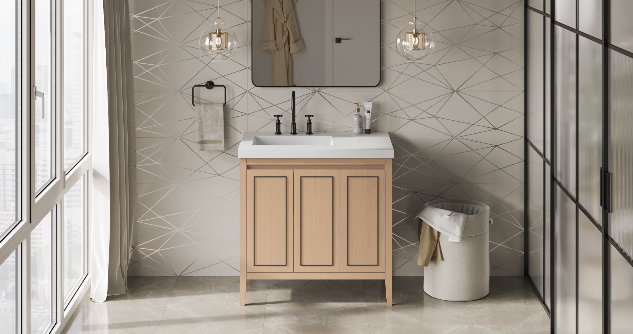 Percival 36" Single Bathroom Vanity Set Natural Oak, White Resin Vanity Top, Rectangle Bowl | KitchBath