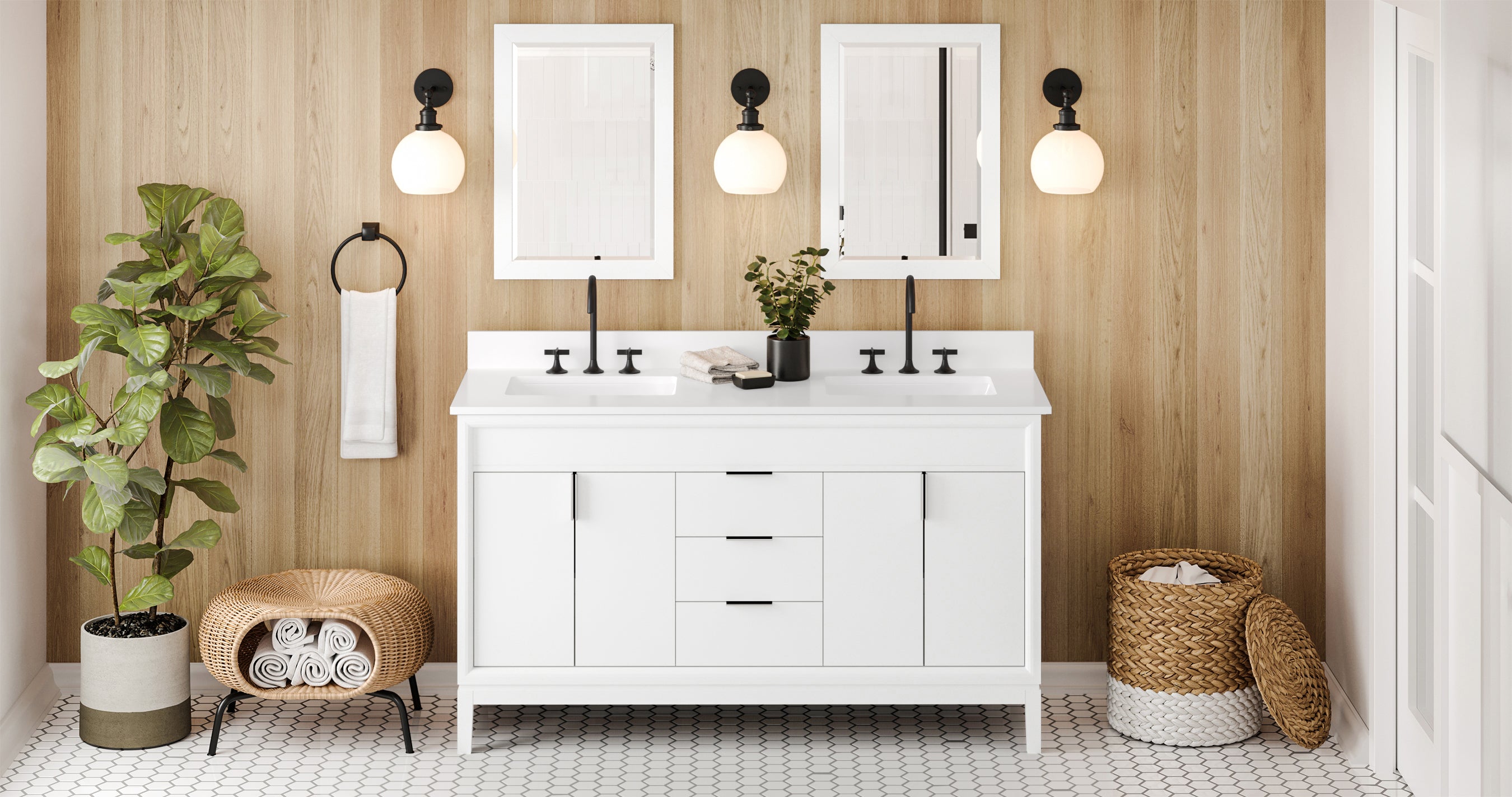 Theodora 60" White Theodora Vanity, Double Bowl, White Quartz Vanity Top, Two Undermount Rectangle Bowls | KitchBath