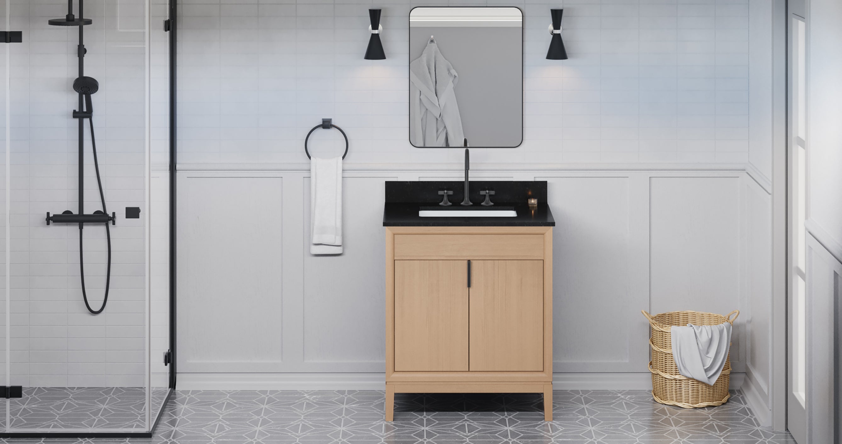 Theodora 30" Single Bathroom Vanity Set Natural Oak, Black Granite Vanity Top, Rectangle Bowl | KitchBath