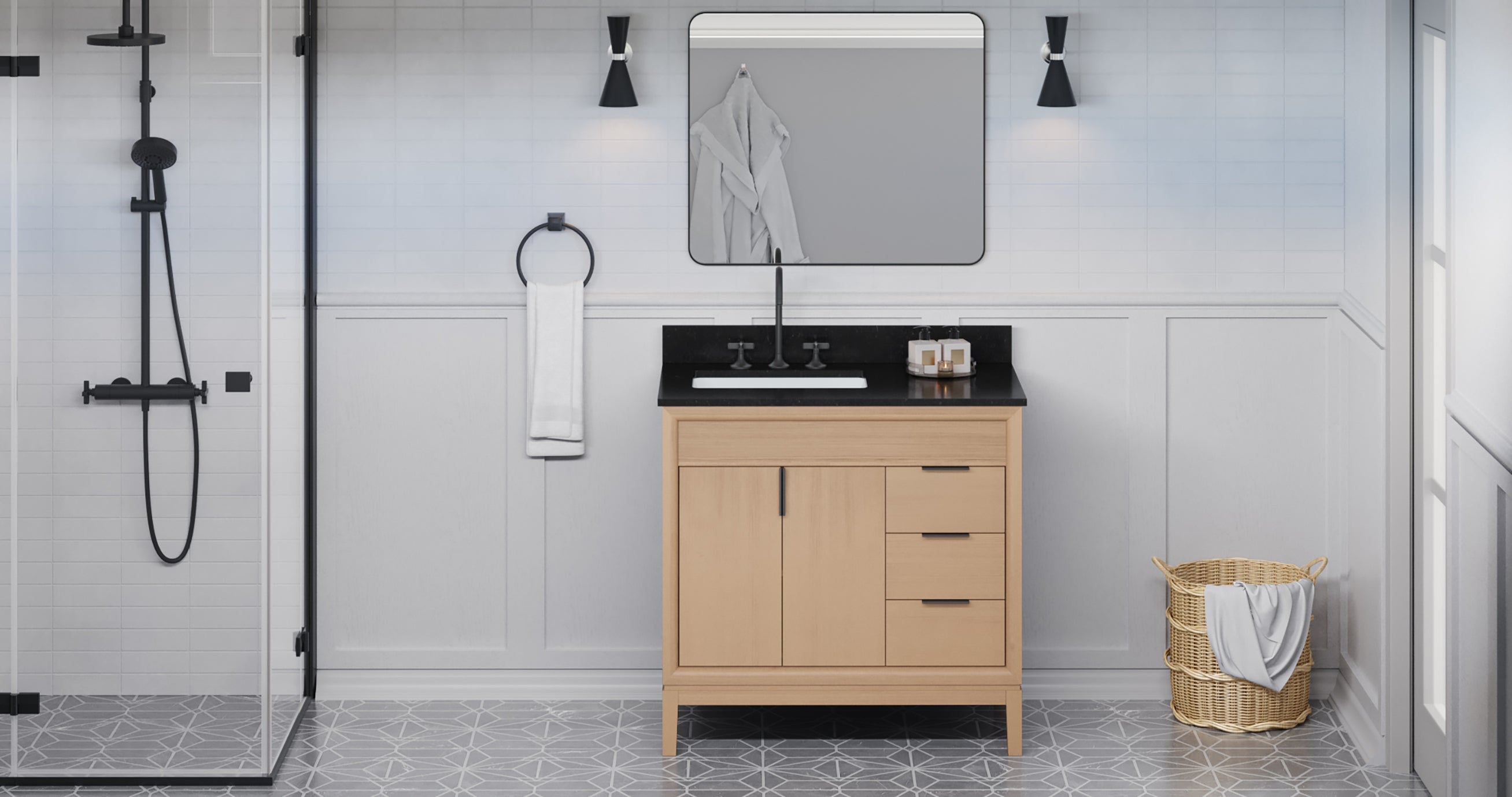 Theodora 36" Single Bathroom Vanity Set Natural Oak, Black Granite Vanity Top, Rectangle Bowl | KitchBath