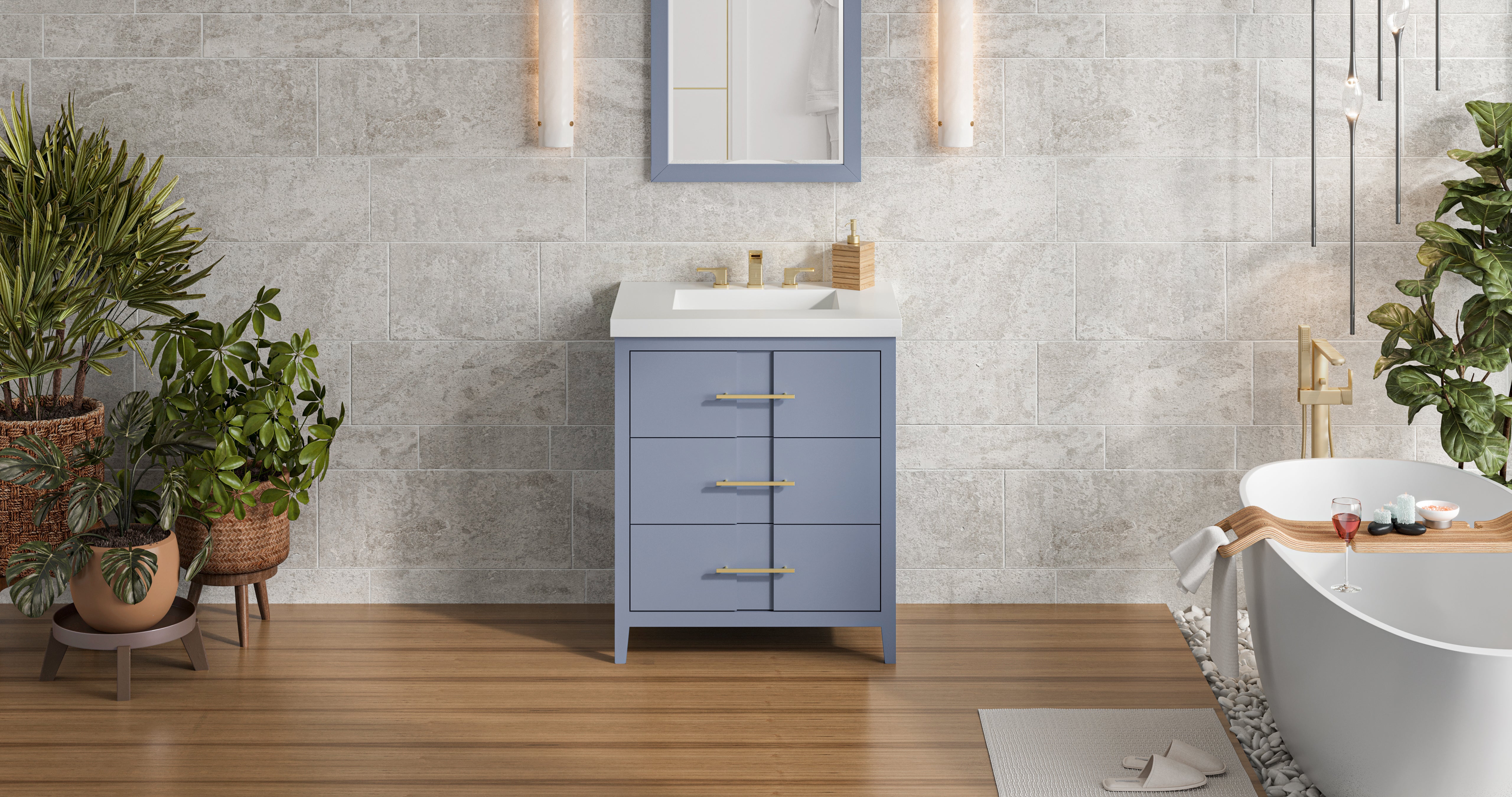 Katara 30" Single Bathroom Vanity Set Blue Steel, White Resin Vanity Top, Rectangle Bowl | KitchBath