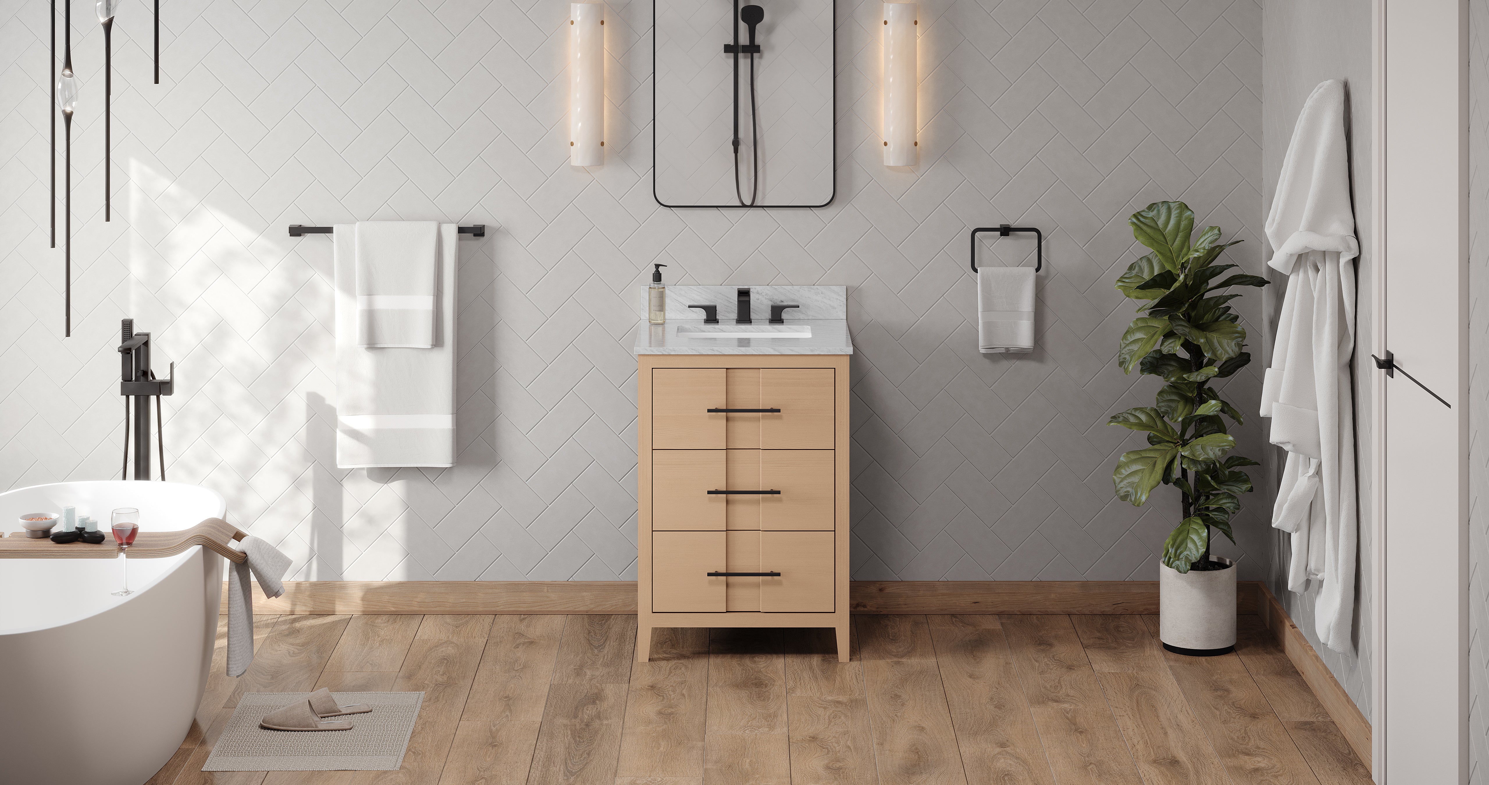 Katara 24" Single Bathroom Vanity Set Natural Oak, White Carrara Marble Vanity Top, Rectangle Bowl | KitchBath