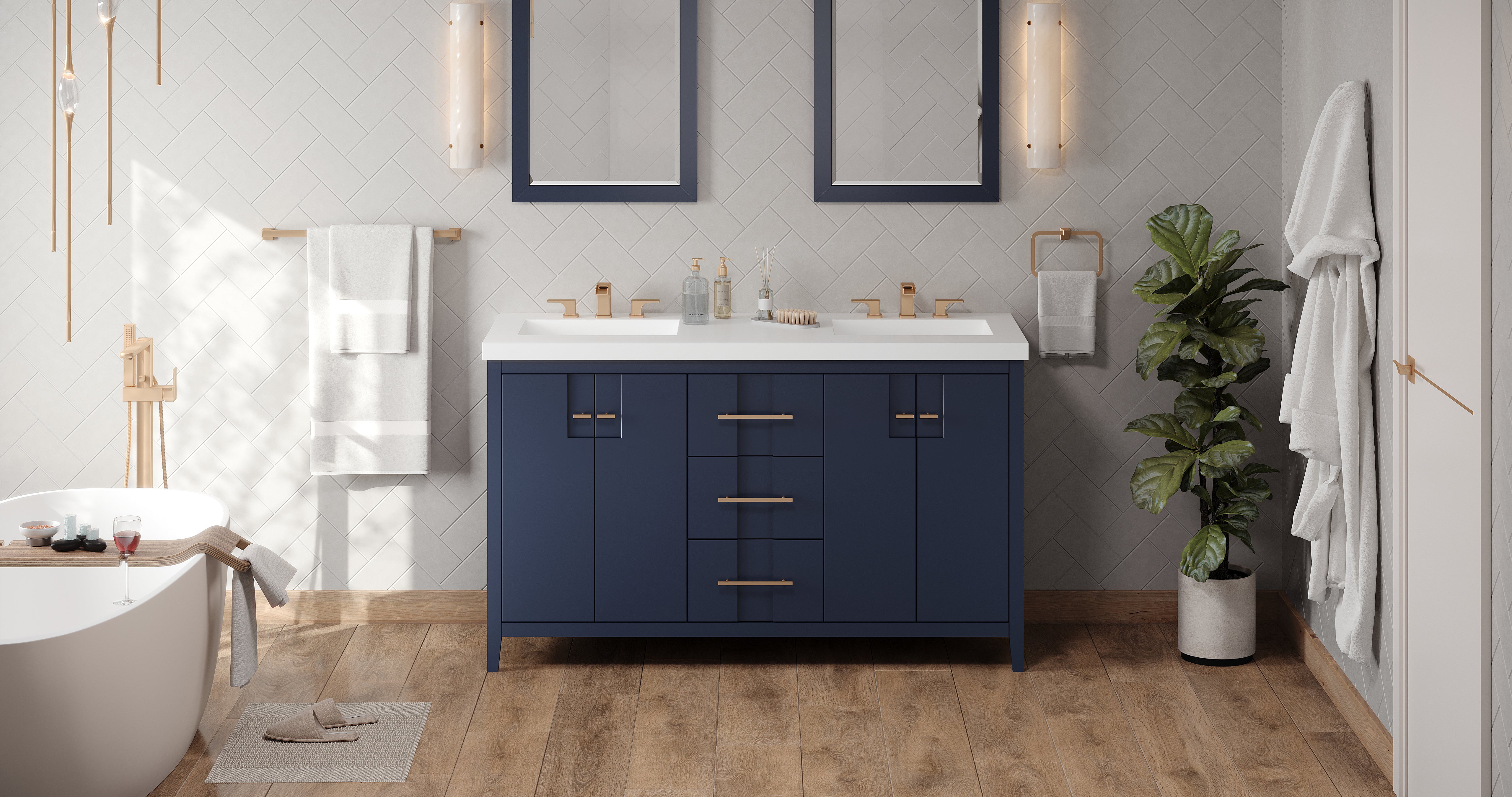 Katara 60" Double Bathroom Vanity Set Hale Blue, White Resin Vanity Top, Rectangle Bowl | KitchBath