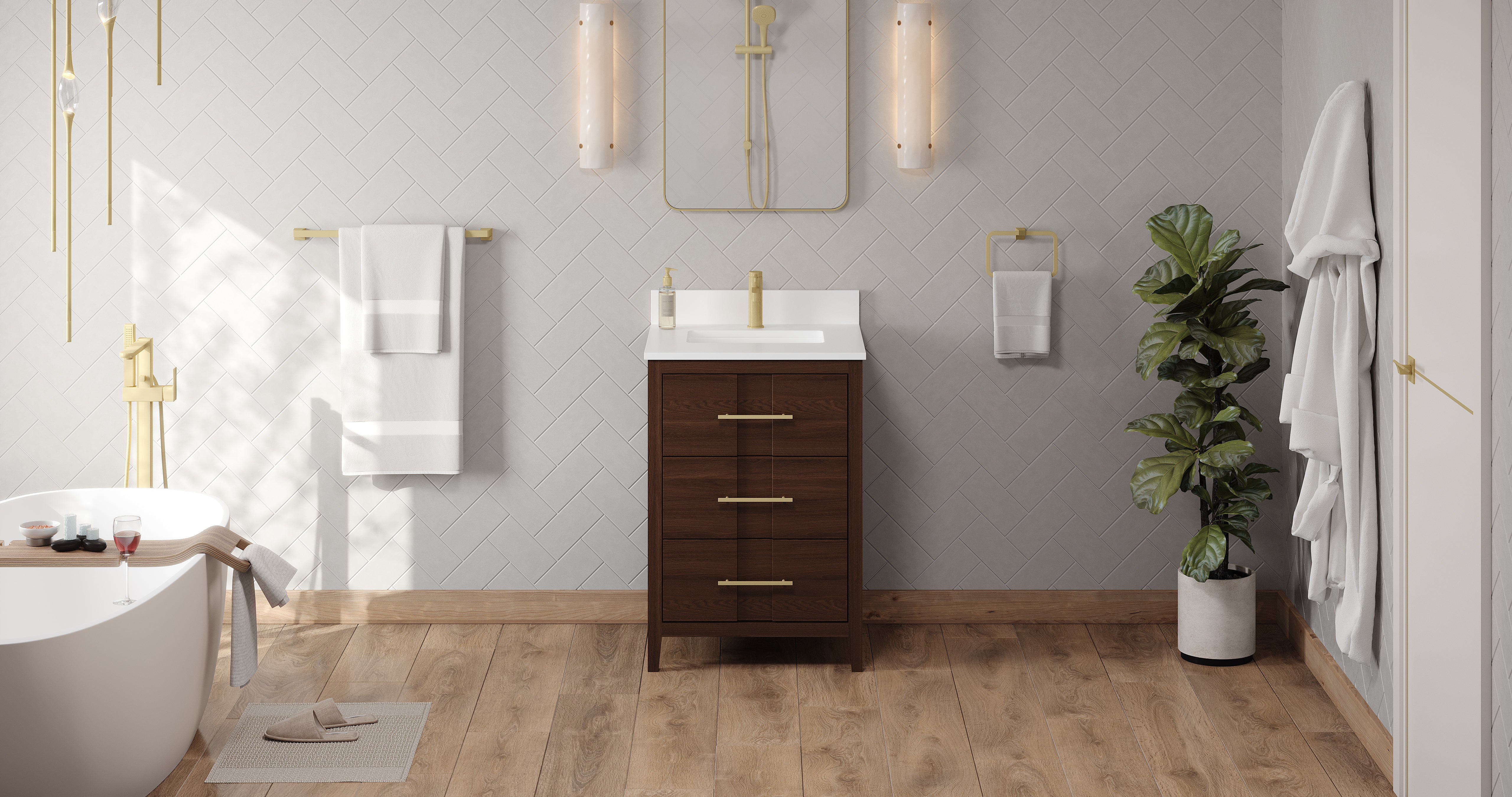 Katara 24" Single Bathroom Vanity Set Dark Walnut, White Quartz Vanity Top, Rectangle Bowl | KitchBath