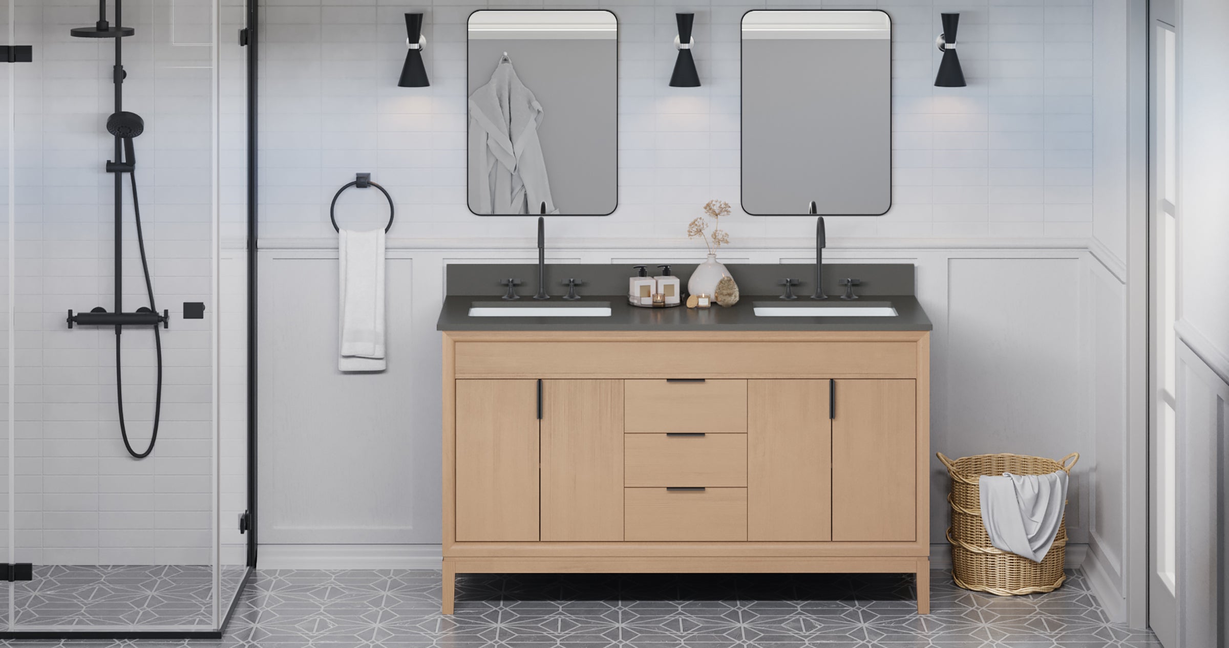 Theodora 60" Double Bathroom Vanity Set Natural Oak, Grey Quartz Vanity Top, Rectangle Bowl | KitchBath