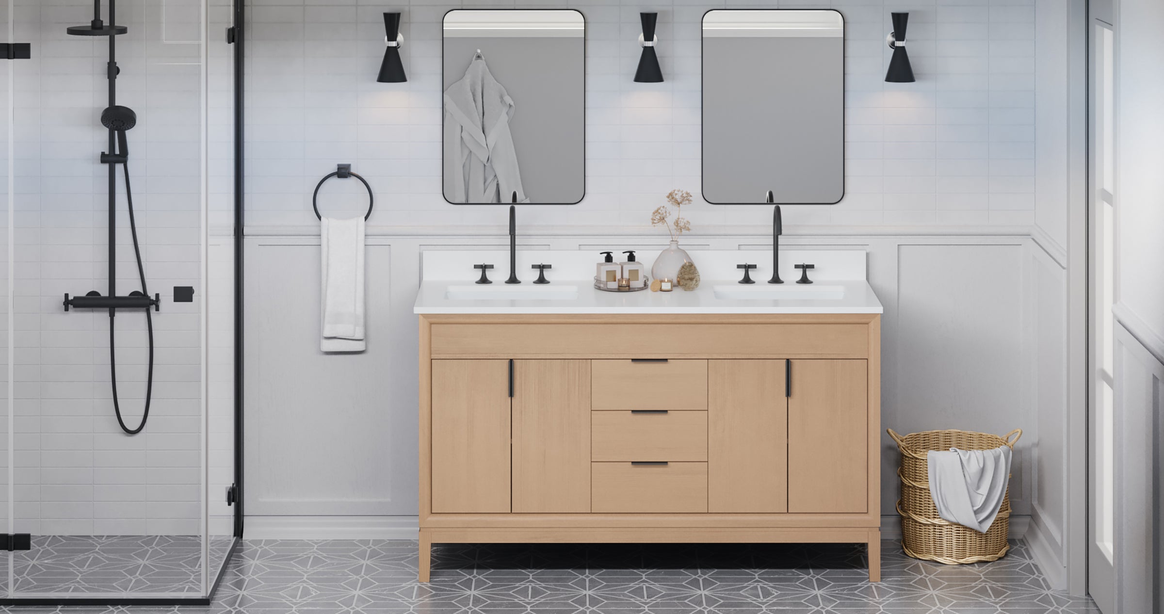 Theodora 60" Double Bathroom Vanity Set Natural Oak, White Quartz Vanity Top, Rectangle Bowl | KitchBath