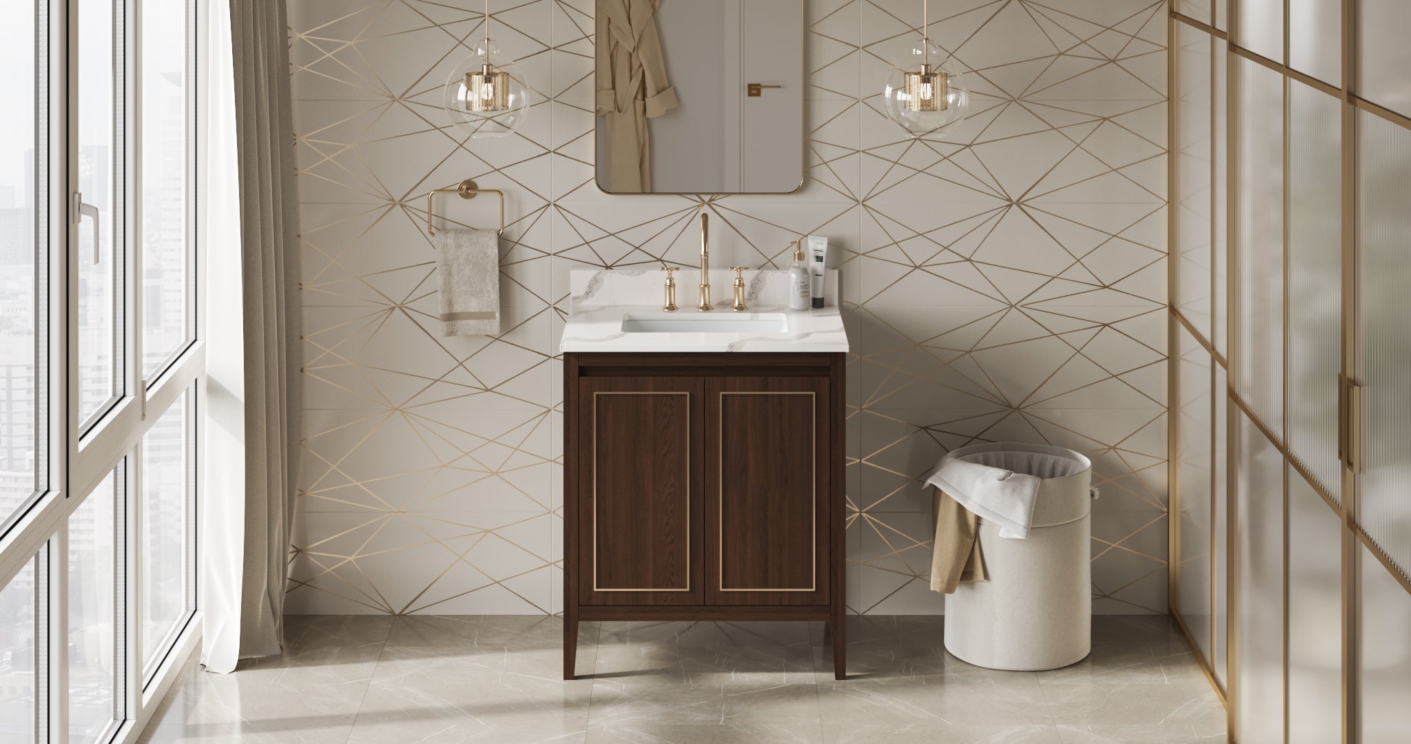 Percival 30" Single Bathroom Vanity Set Dark Walnut, Calacatta Vienna Quartz Vanity Top, Rectangle Bowl | KitchBath