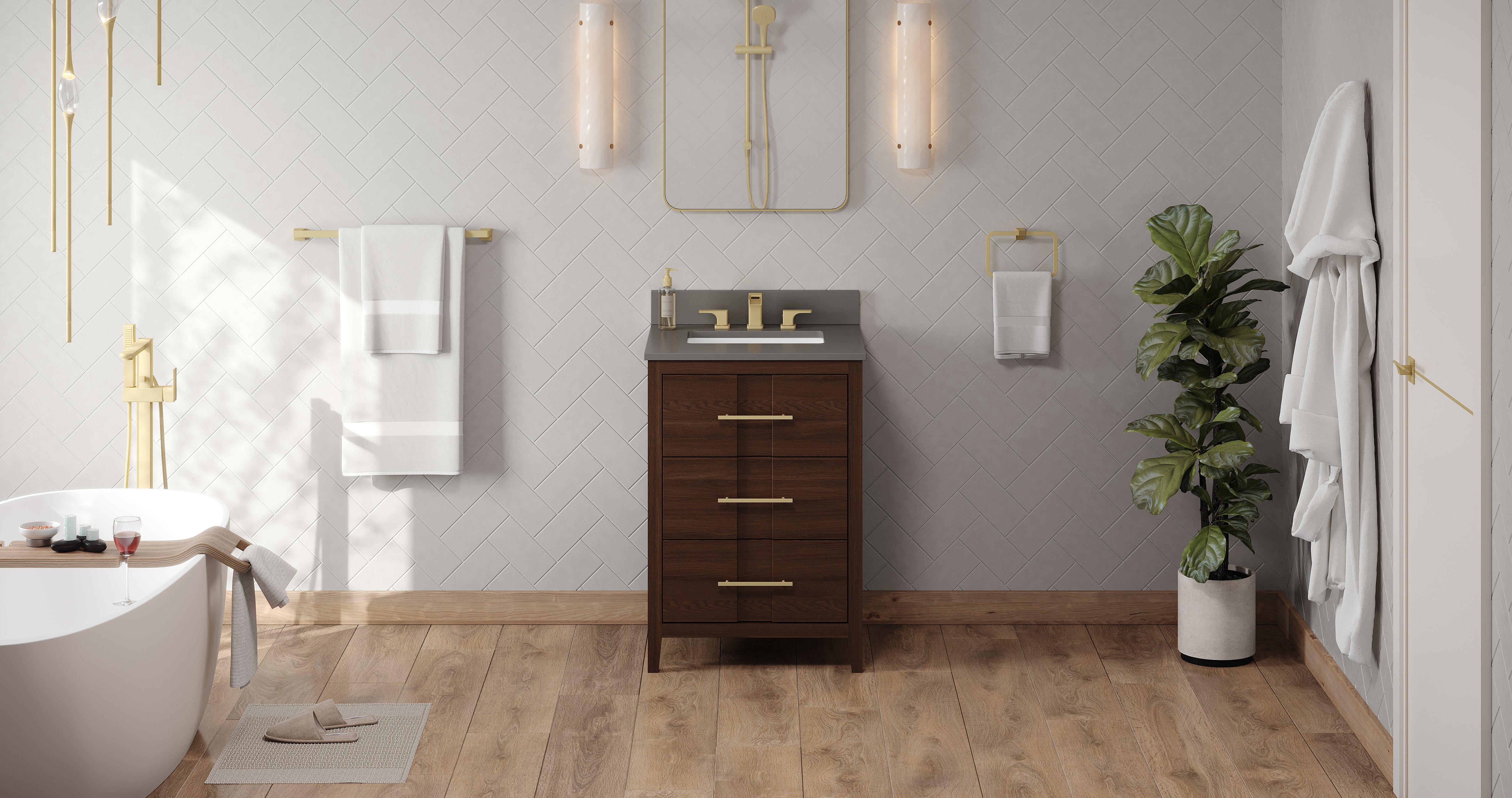 Katara 24" Single Bathroom Vanity Set Dark Walnut, Grey Quartz Vanity Top, Rectangle Bowl | KitchBath