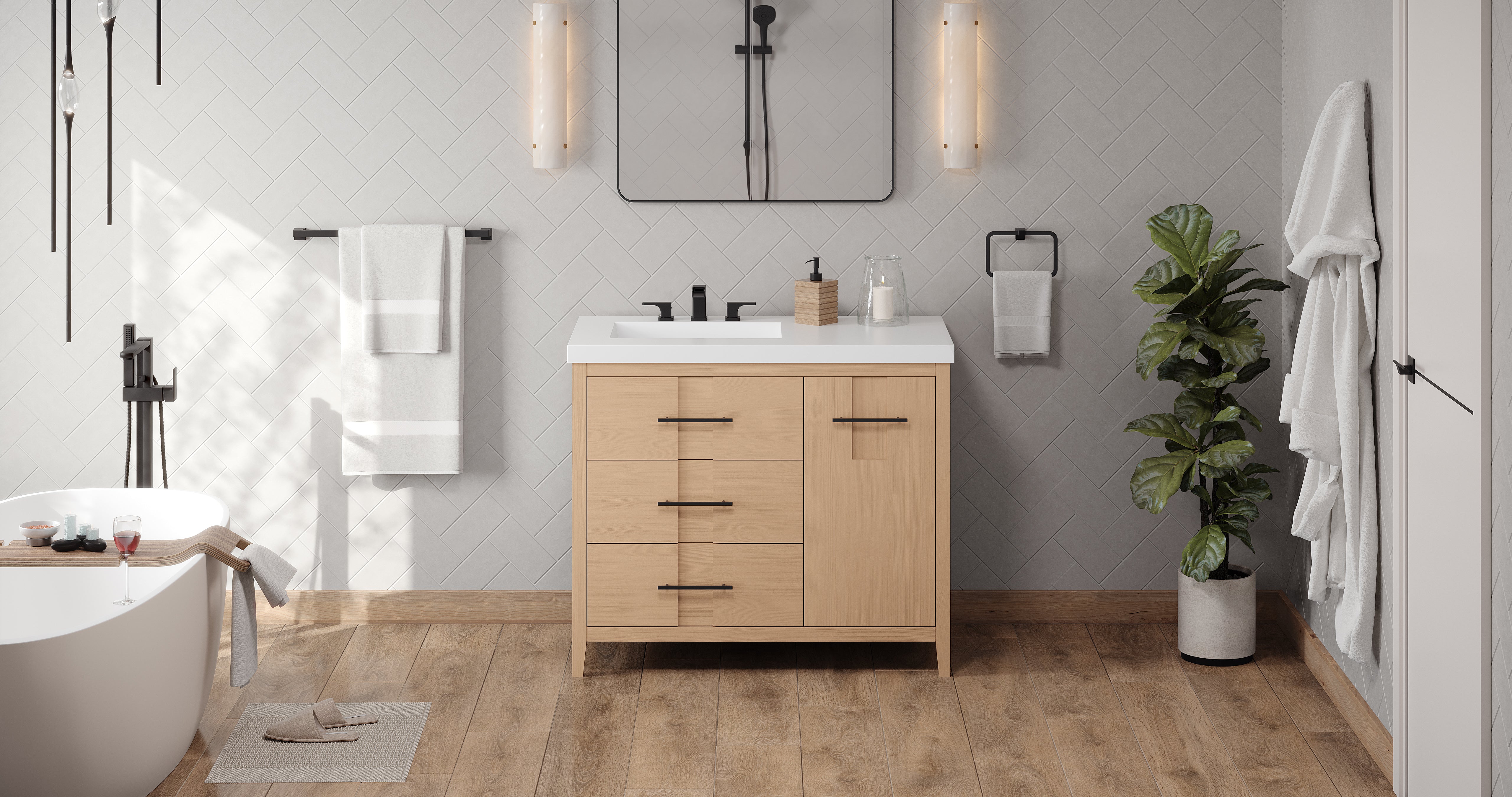 Katara 42" Single Bathroom Vanity Set Natural Oak, White Resin Vanity Top, Rectangle Bowl | KitchBath