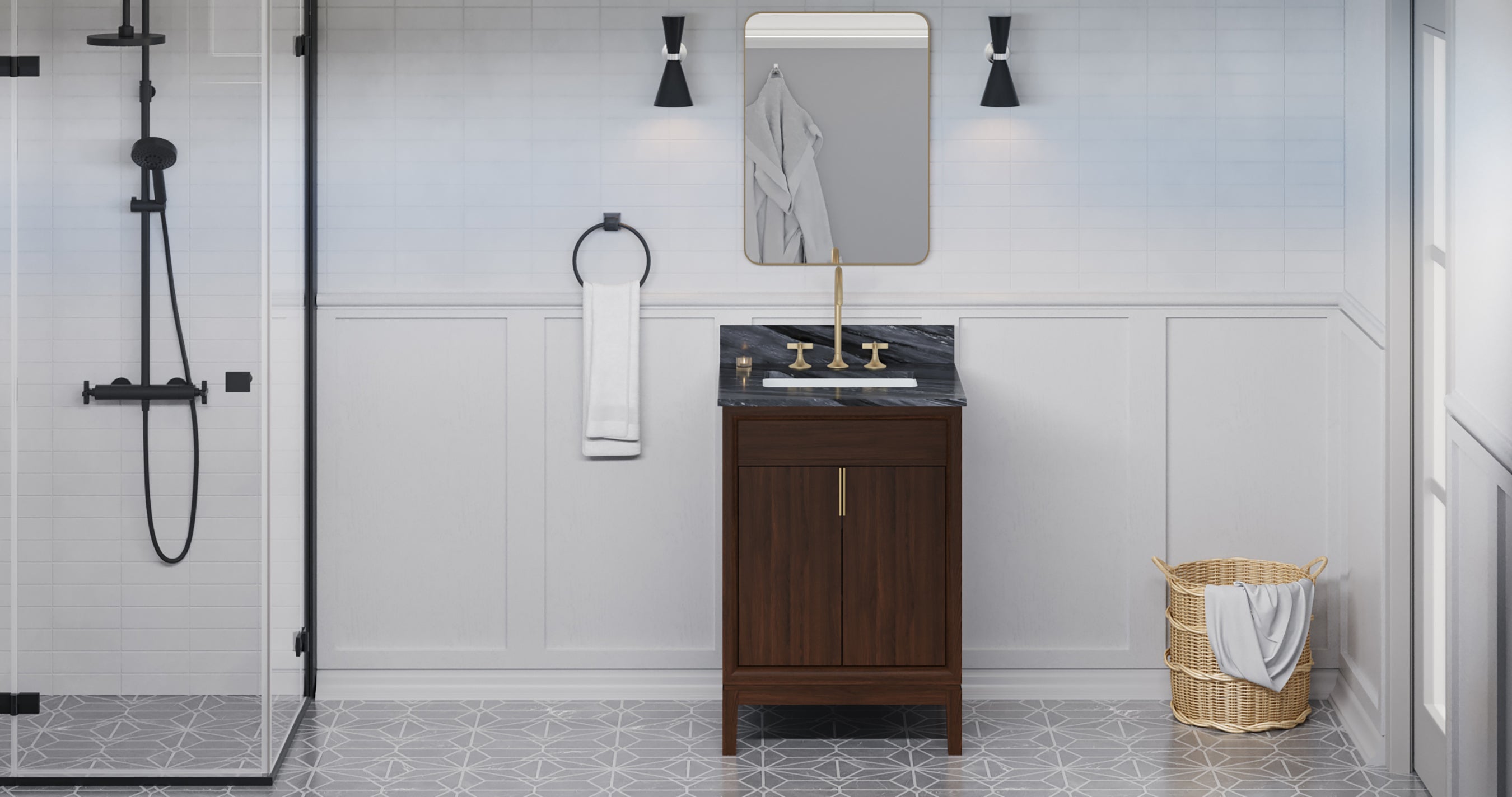 Theodora 24" Single Bathroom Vanity Set Dark Walnut, Grey Marble Vanity Top, Rectangle Bowl | KitchBath