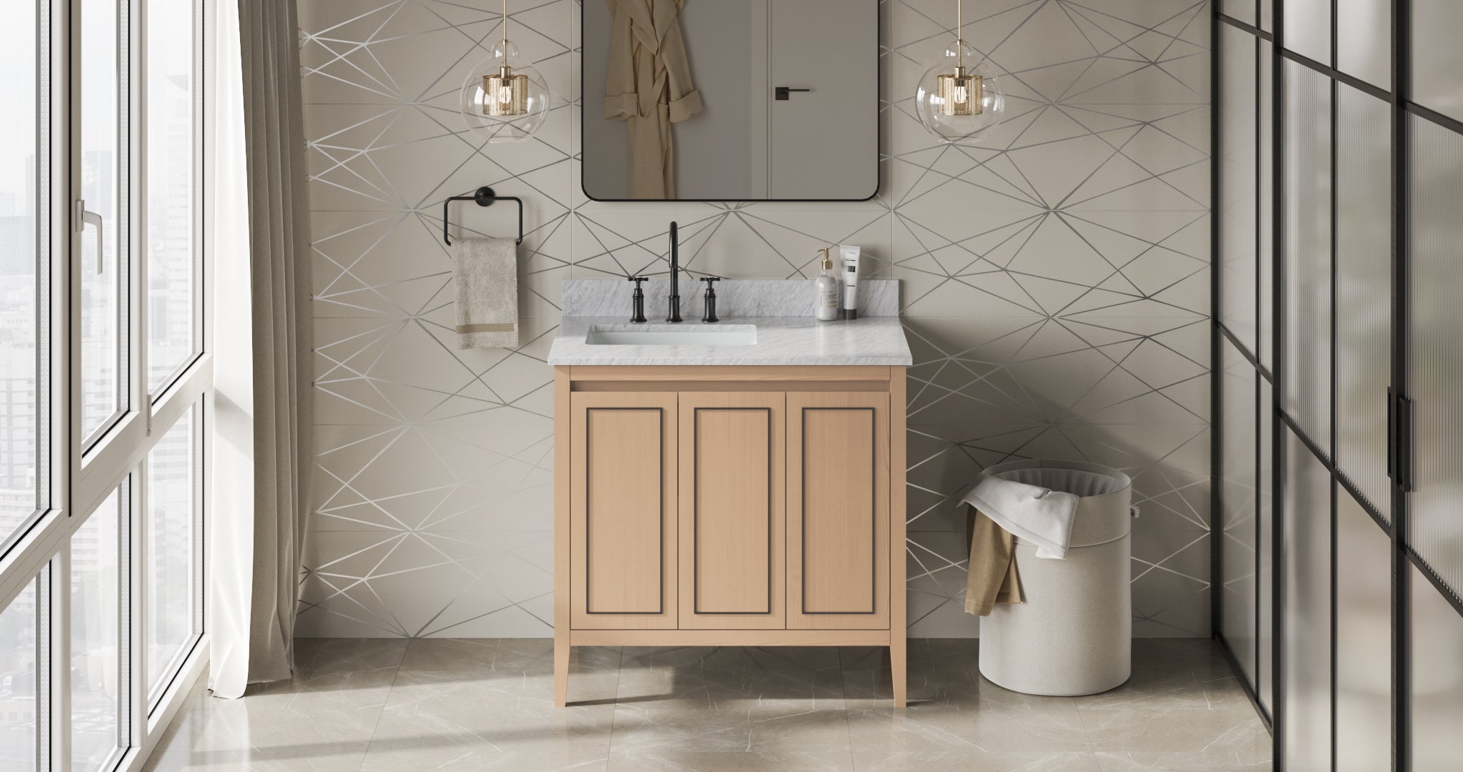 Percival 36" Single Bathroom Vanity Set Natural Oak, White Carrara Marble Vanity Top, Rectangle Bowl | KitchBath