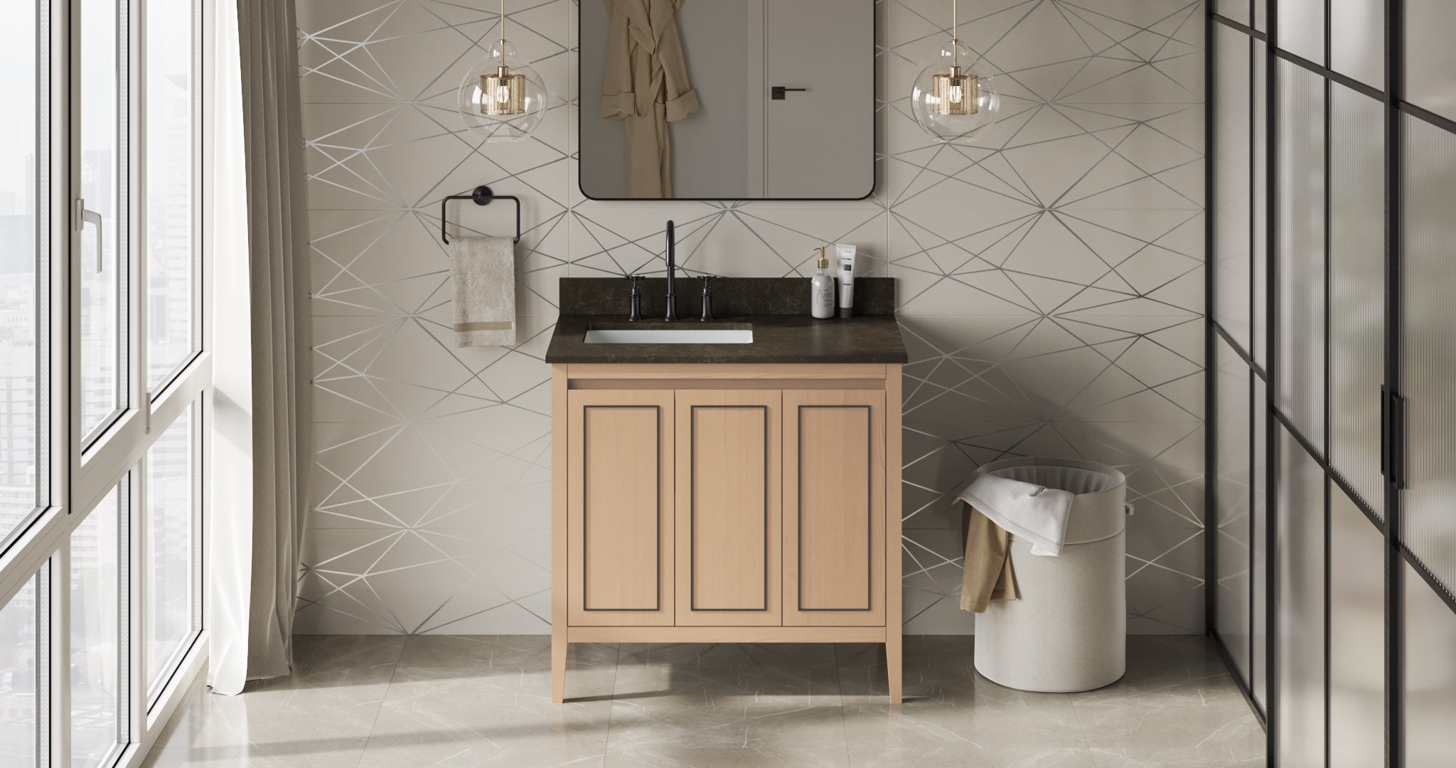 Percival 36" Single Bathroom Vanity Set Natural Oak, Blue Limestone Vanity Top, Rectangle Bowl | KitchBath