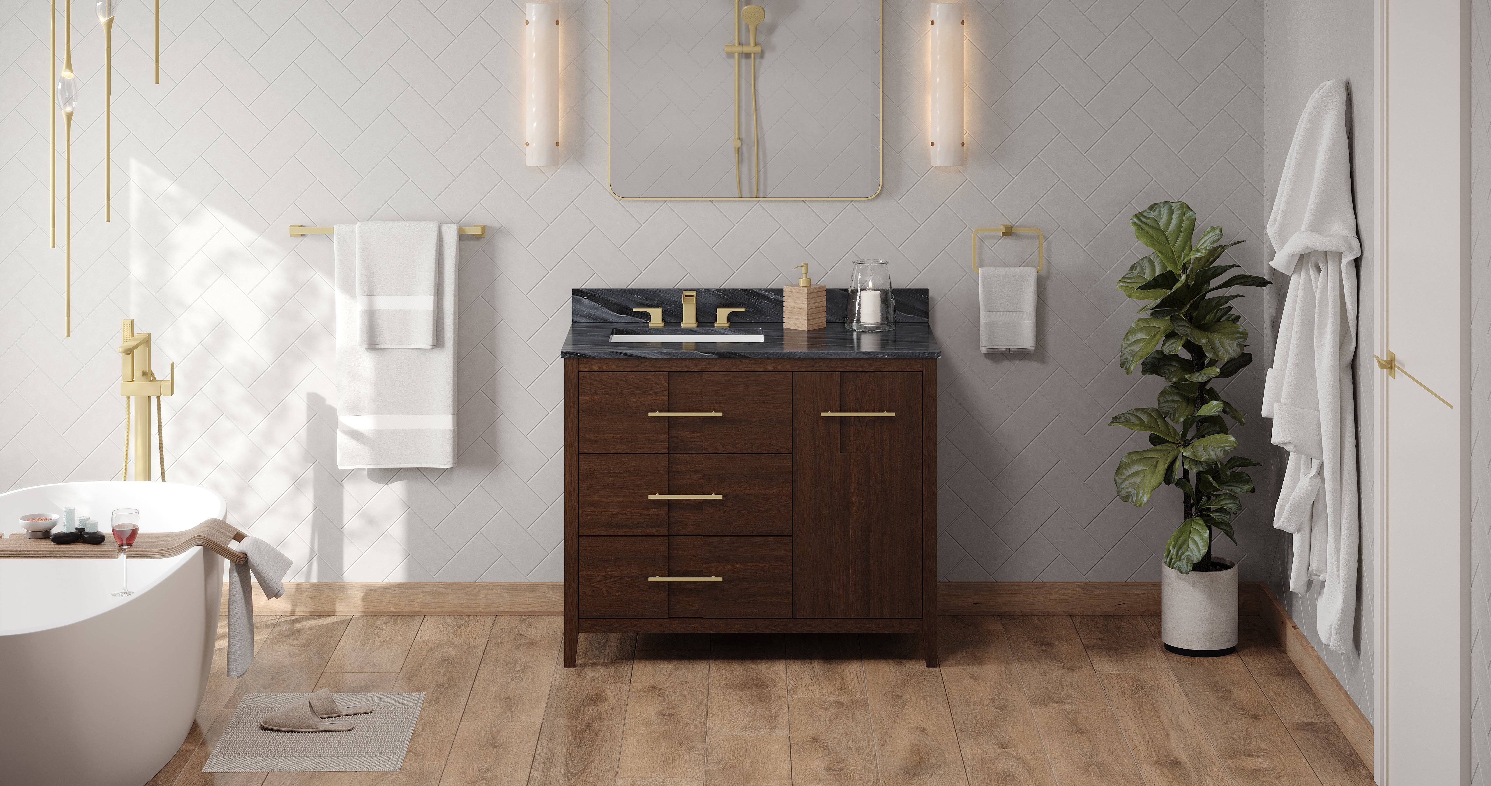 Katara 42" Single Bathroom Vanity Set Dark Walnut, Grey Marble Vanity Top, Rectangle Bowl | KitchBath