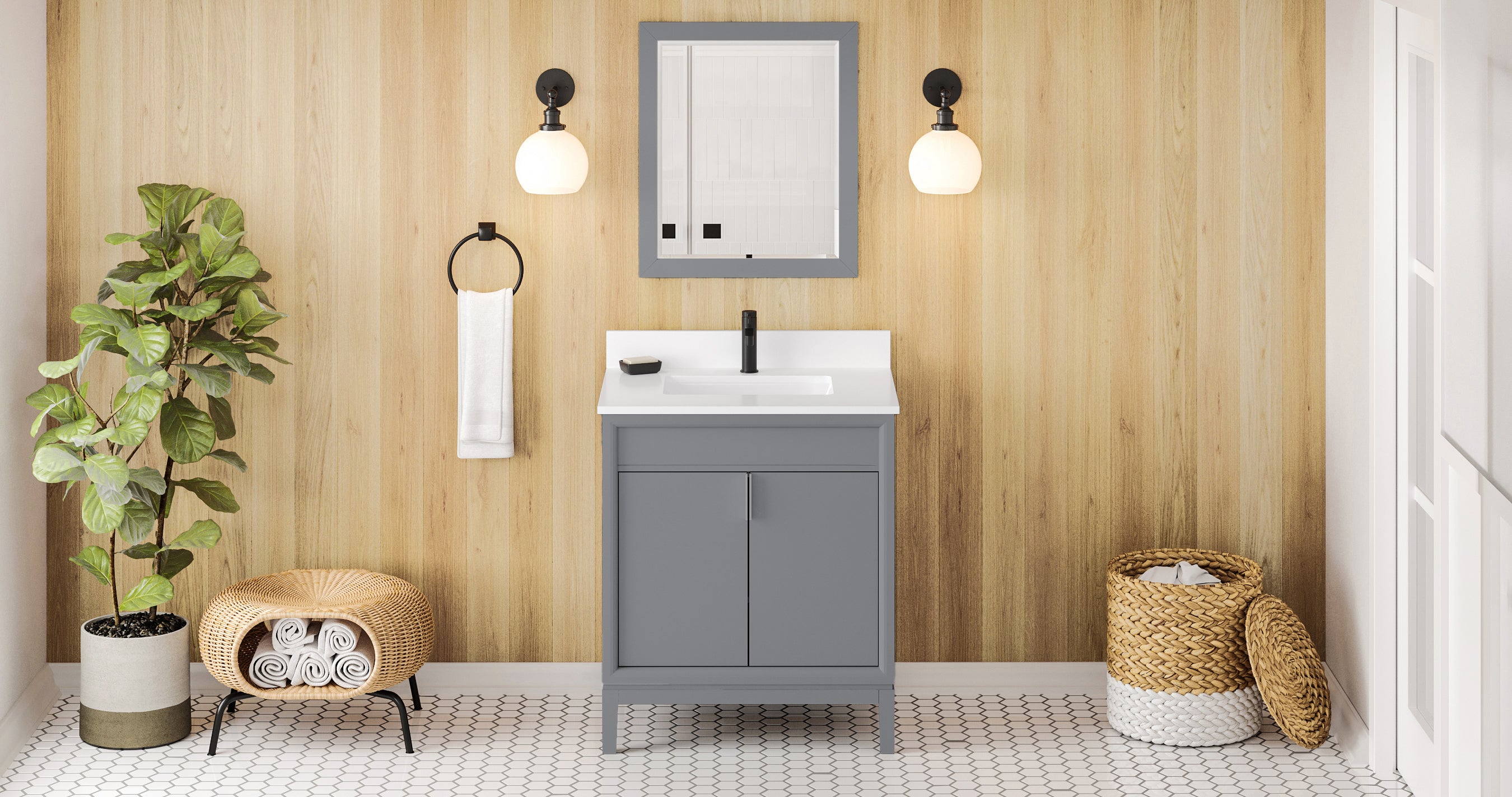 Theodora 30" Grey Theodora Vanity, White Quartz Vanity Top, Undermount Rectangle Bowl | KitchBath