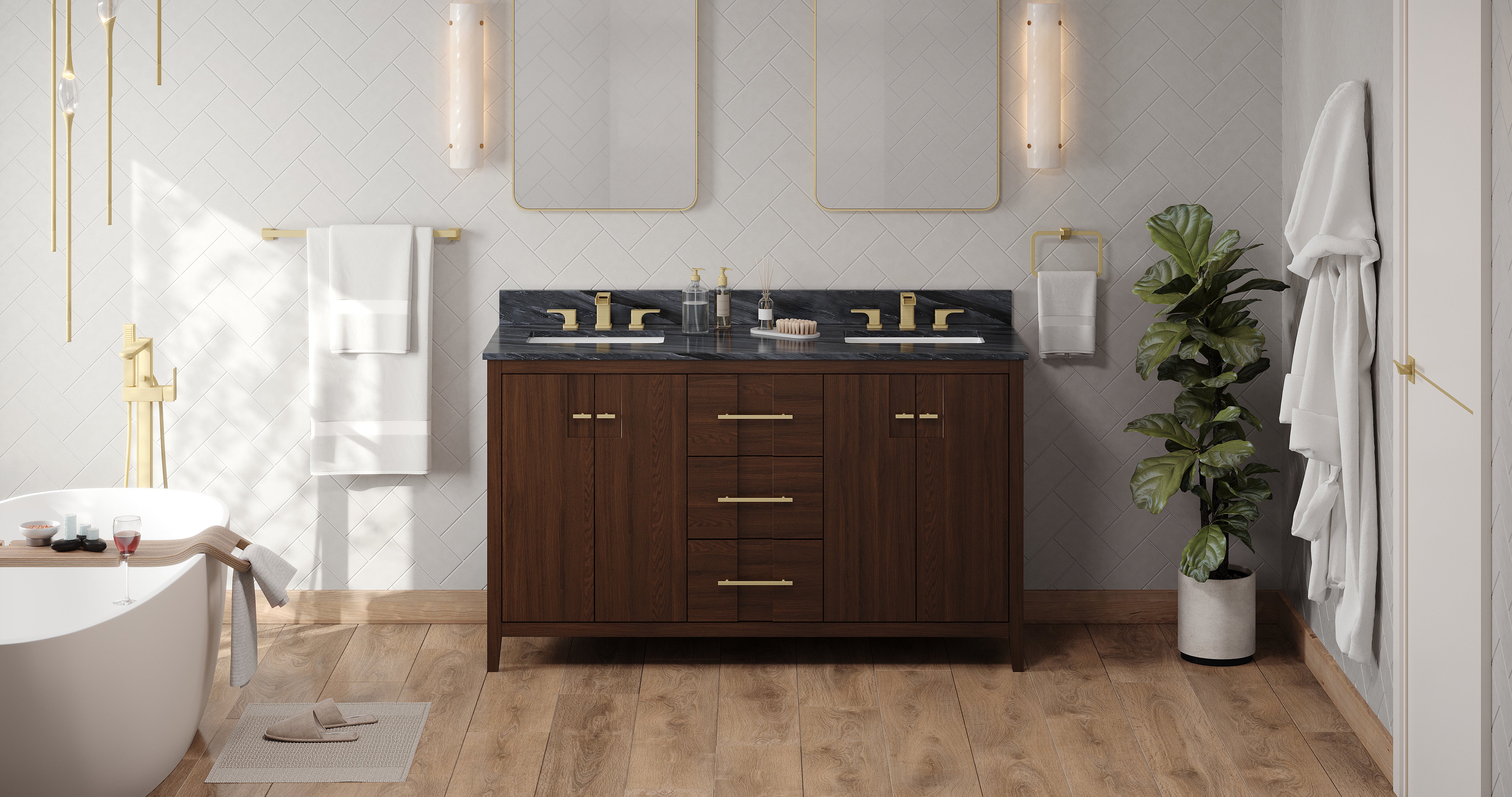 Katara 60" Double Bathroom Vanity Set Dark Walnut, Grey Marble Vanity Top, Rectangle Bowl | KitchBath