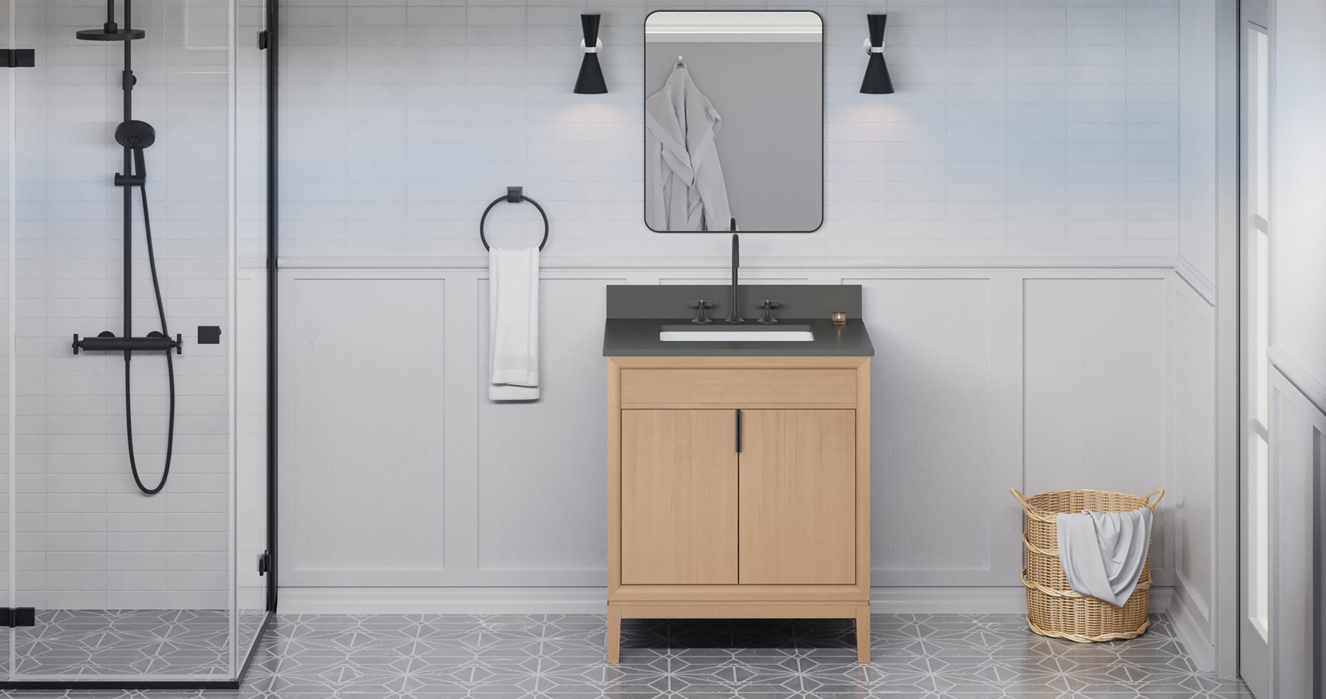 Theodora 30" Single Bathroom Vanity Set Natural Oak, Grey Quartz Vanity Top, Rectangle Bowl | KitchBath
