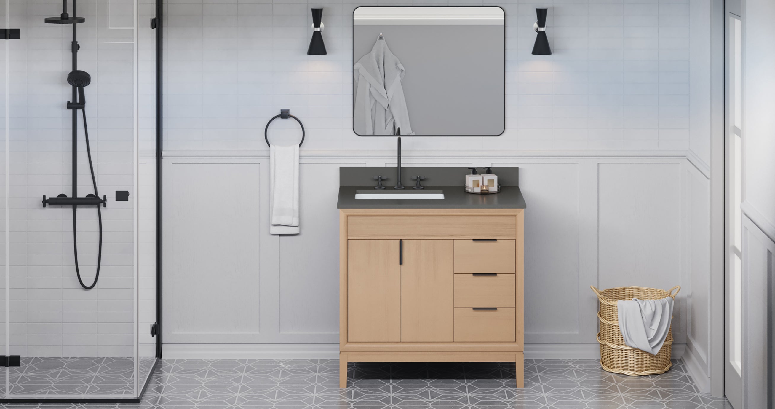 Theodora 36" Single Bathroom Vanity Set Natural Oak, Grey Quartz Vanity Top, Rectangle Bowl | KitchBath