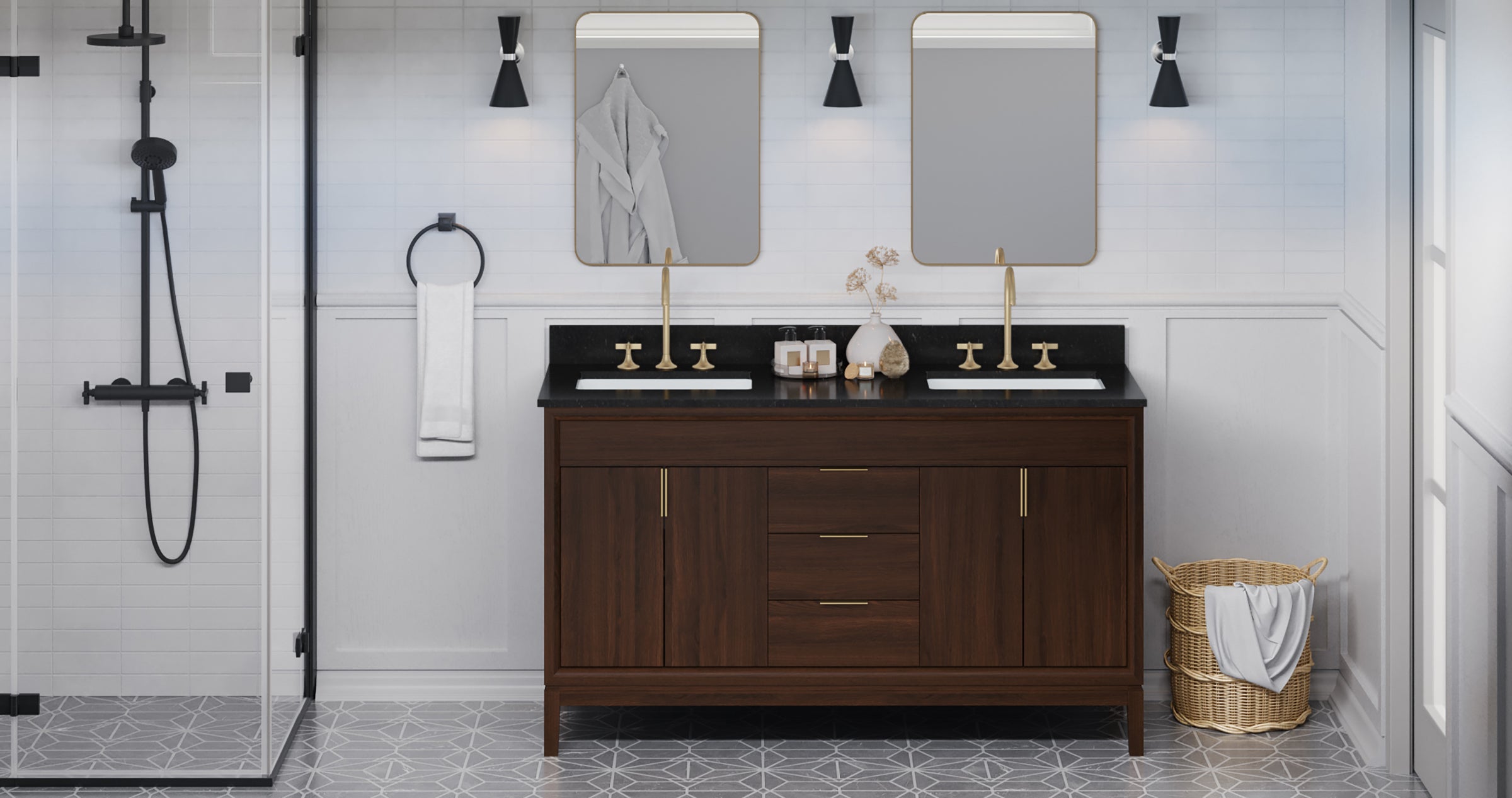Theodora 60" Double Bathroom Vanity Set Dark Walnut, Black Granite Vanity Top, Rectangle Bowl | KitchBath