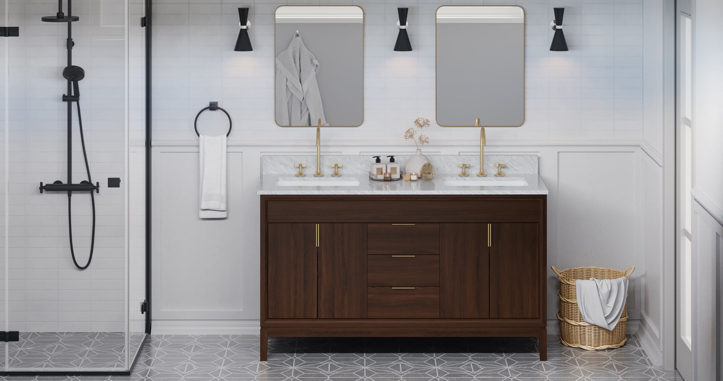 Theodora 60" Double Bathroom Vanity Set Dark Walnut, White Carrara Marble Vanity Top, Rectangle Bowl | KitchBath