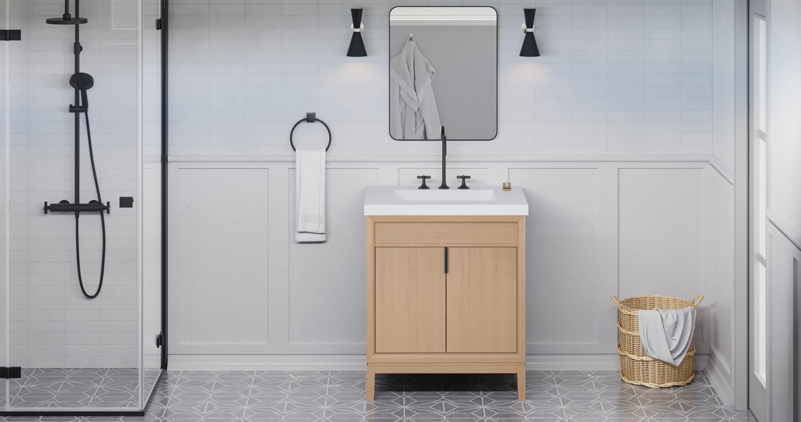 Theodora 30" Single Bathroom Vanity Set Natural Oak, White Resin Vanity Top, Rectangle Bowl | KitchBath