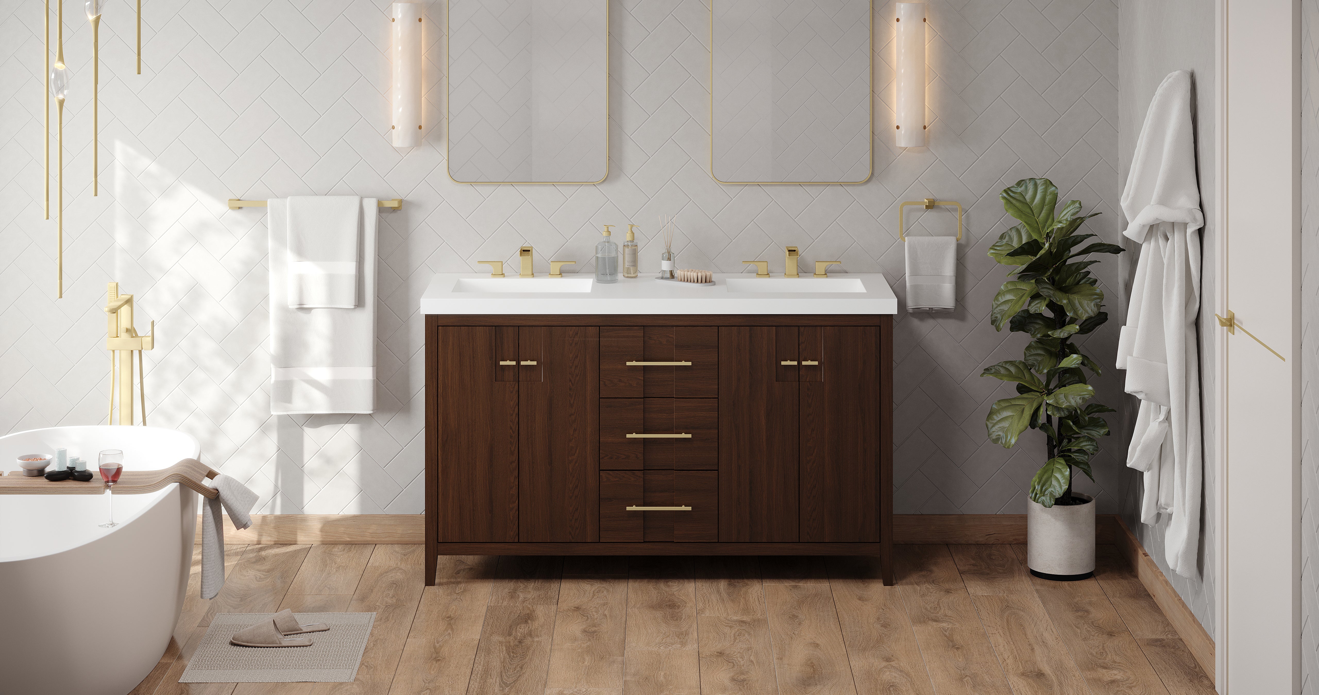 Katara 60" Double Bathroom Vanity Set Dark Walnut, White Resin Vanity Top, Rectangle Bowl | KitchBath