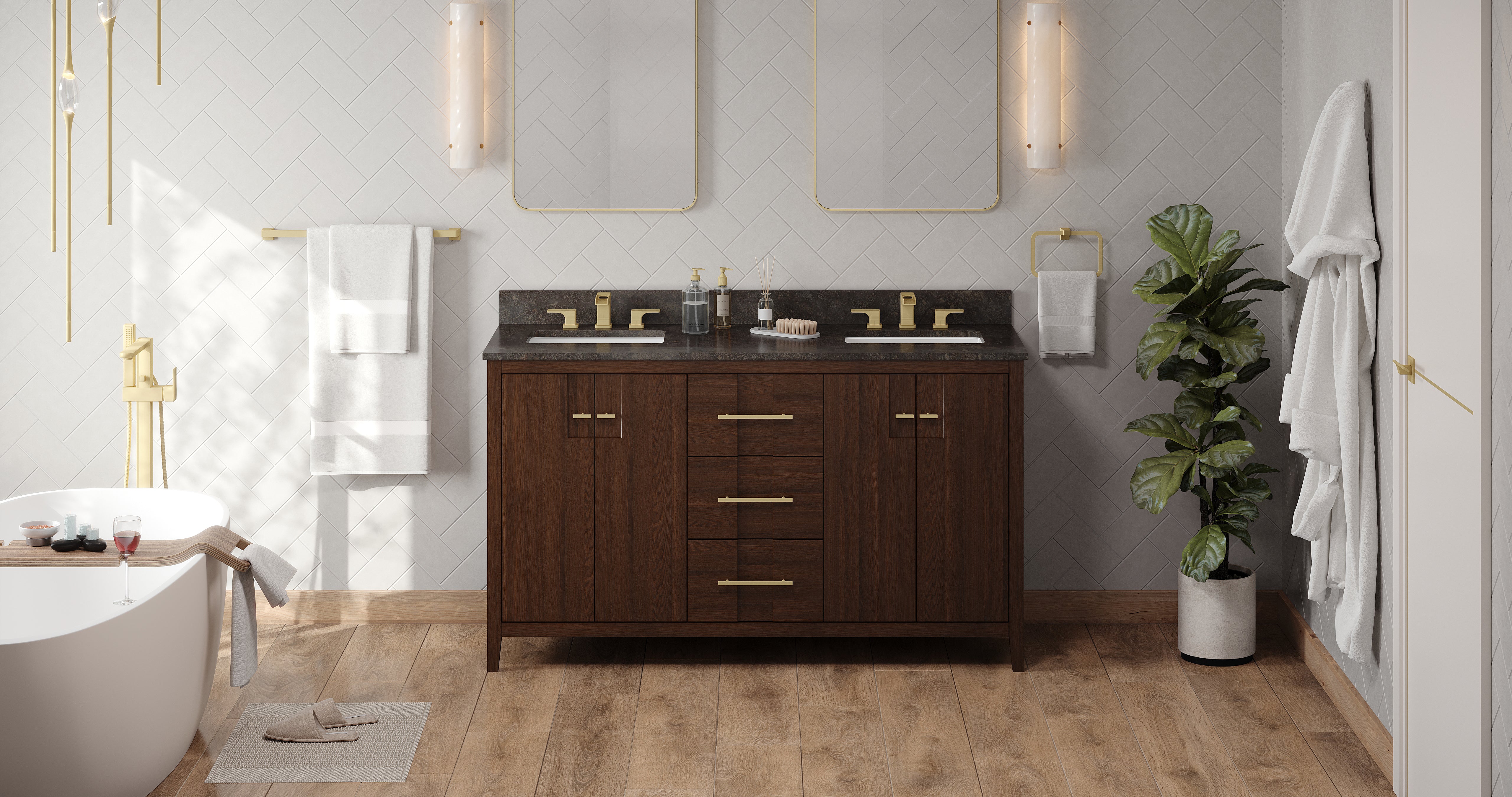 Katara 60" Double Bathroom Vanity Set Dark Walnut, Blue Limestone Vanity Top, Rectangle Bowl | KitchBath