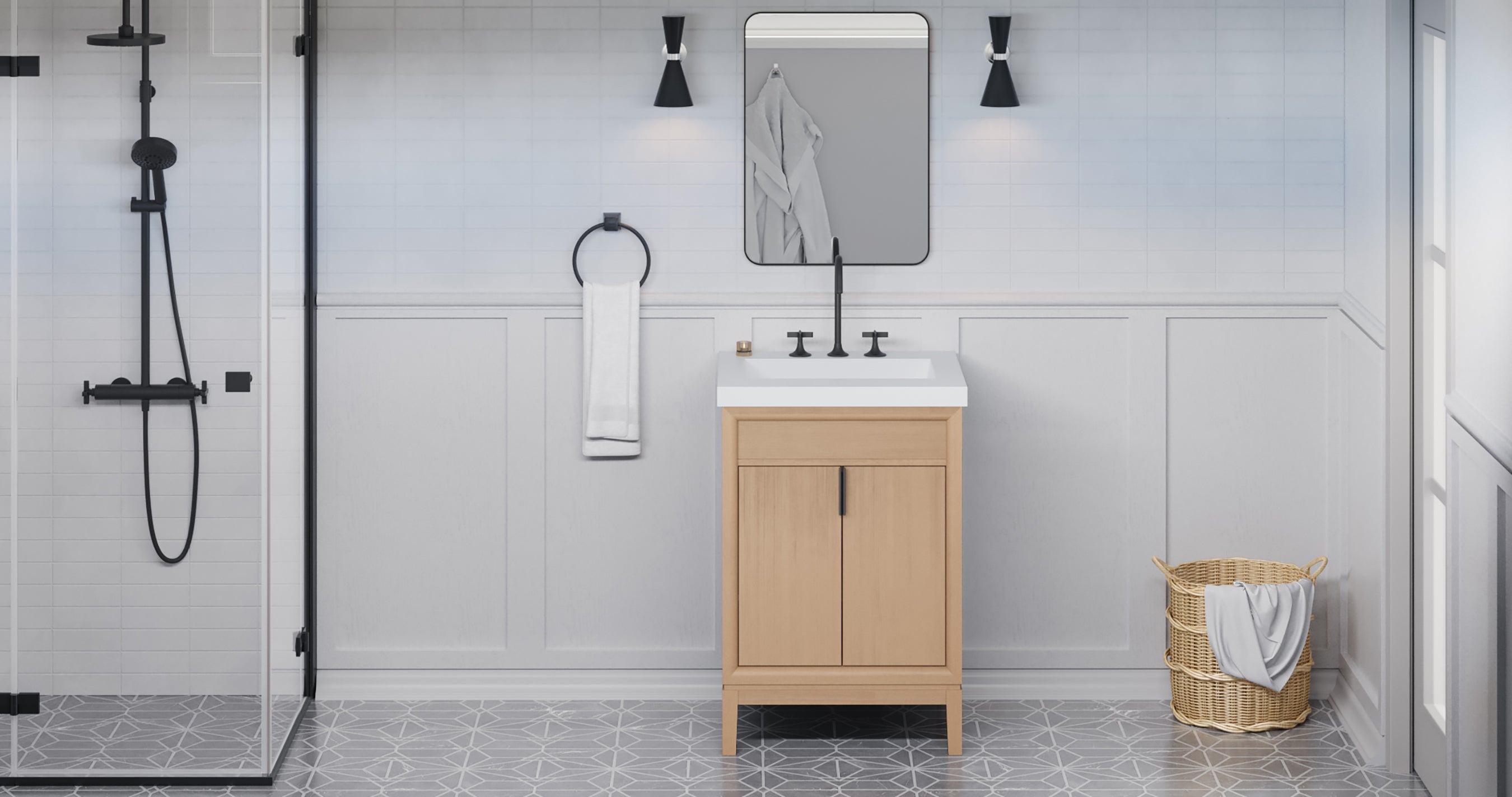Theodora 24" Single Bathroom Vanity Set Natural Oak, White Resin Vanity Top, Rectangle Bowl | KitchBath