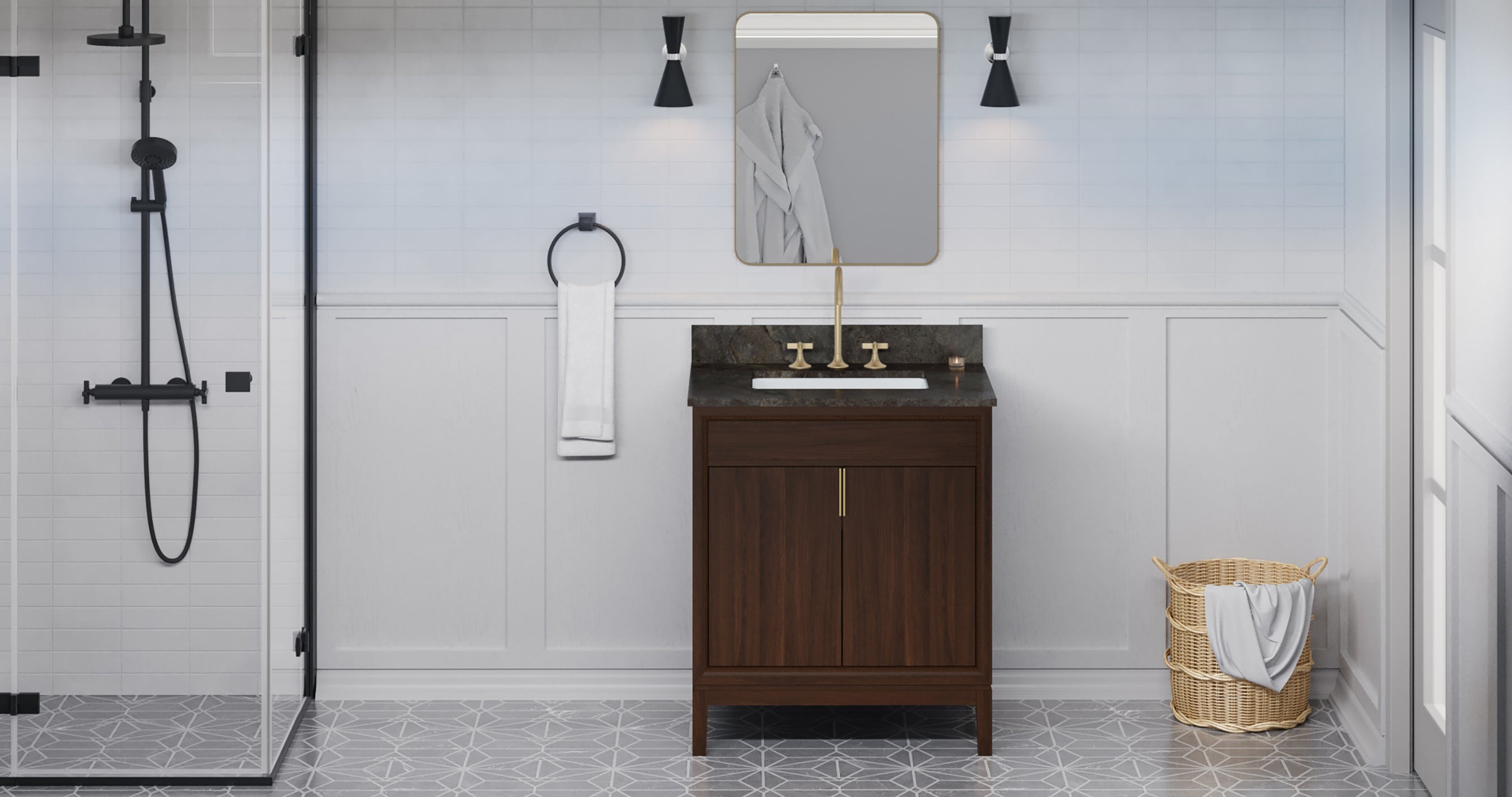 Theodora 30" Single Bathroom Vanity Set Dark Walnut, Blue Limestone Vanity Top, Rectangle Bowl | KitchBath