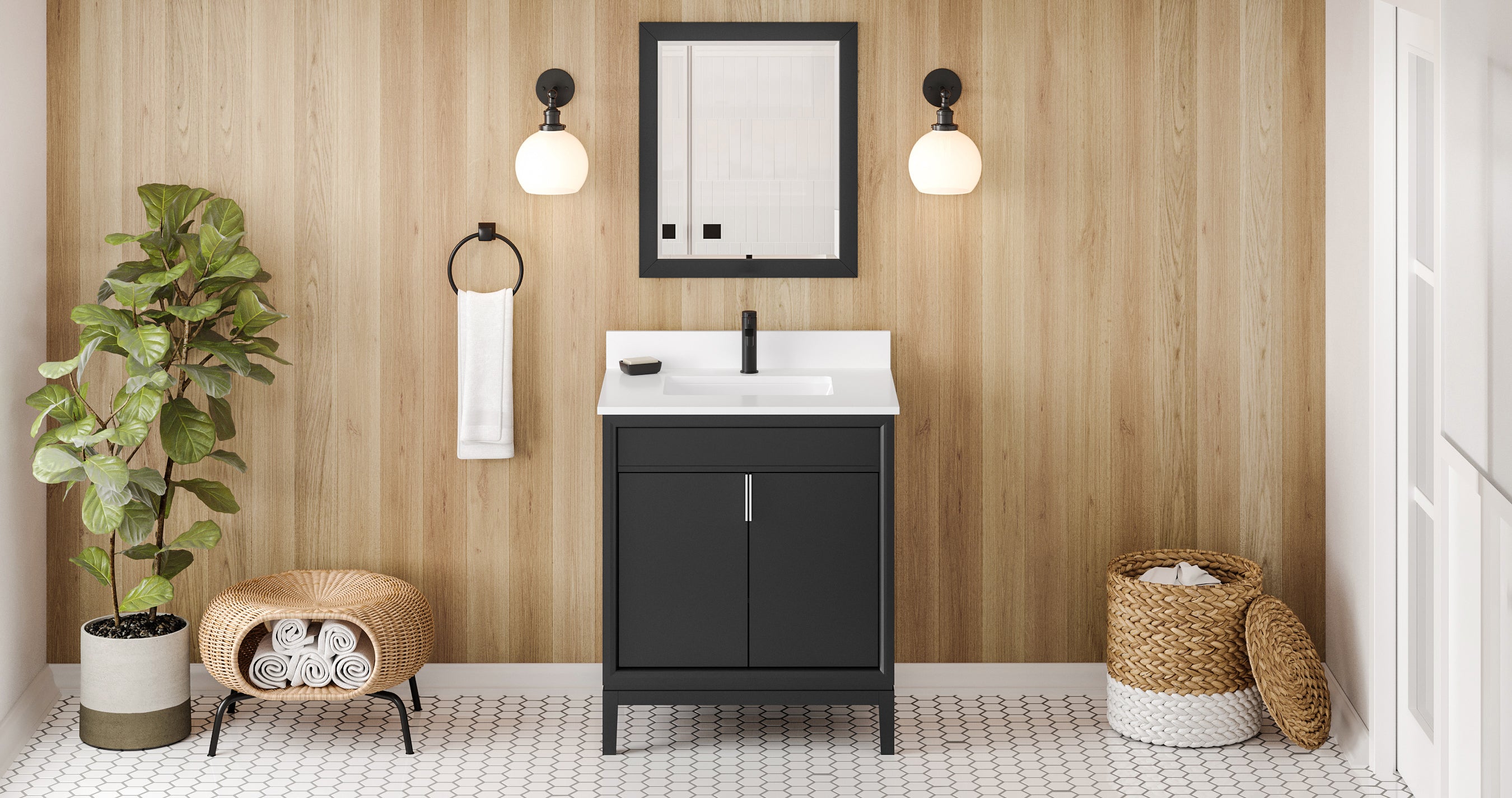 Theodora 30" Black Theodora Vanity, White Quartz Vanity Top, Undermount Rectangle Sink | KitchBath