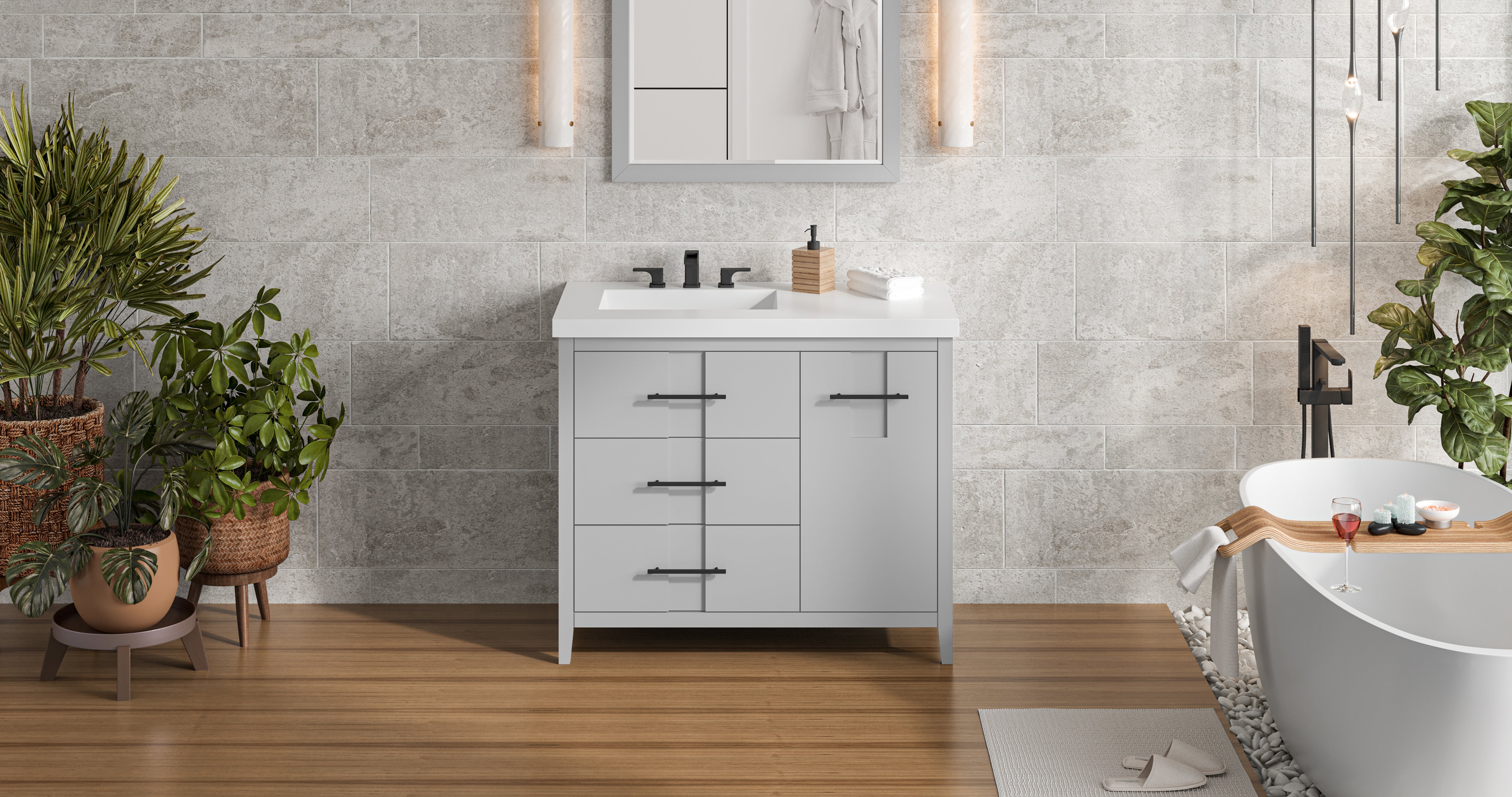 Katara 42" Single Bathroom Vanity Set Grey, White Resin Vanity Top, Rectangle Bowl | KitchBath