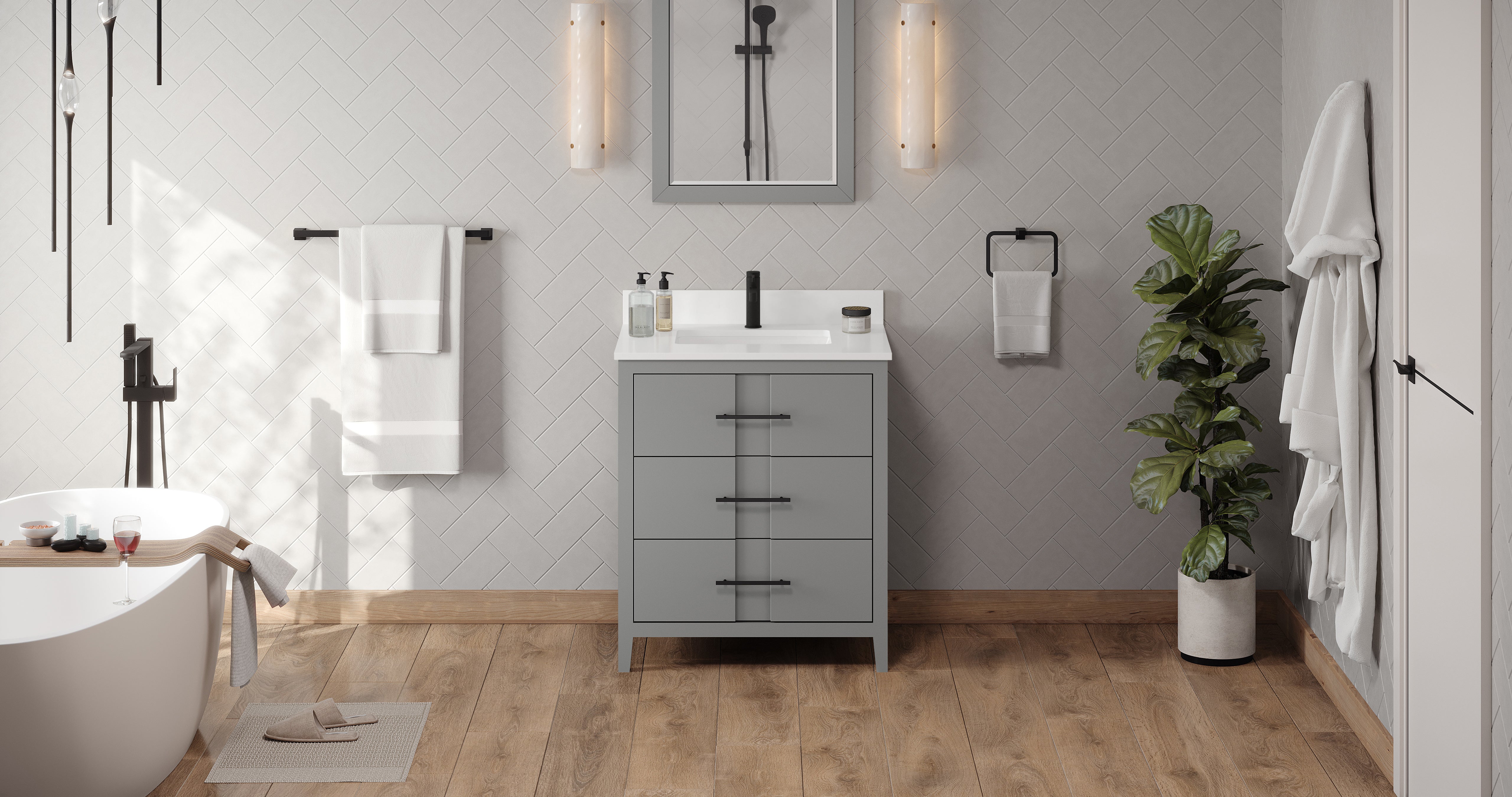 Katara 30" Grey Katara Vanity, White Quartz Vanity Top, Undermount Rectangle Sink | KitchBath