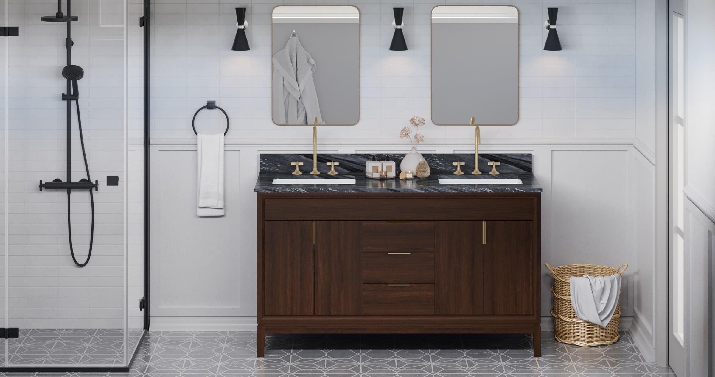 Theodora 60" Double Bathroom Vanity Set Dark Walnut, Grey Marble Vanity Top, Rectangle Bowl | KitchBath