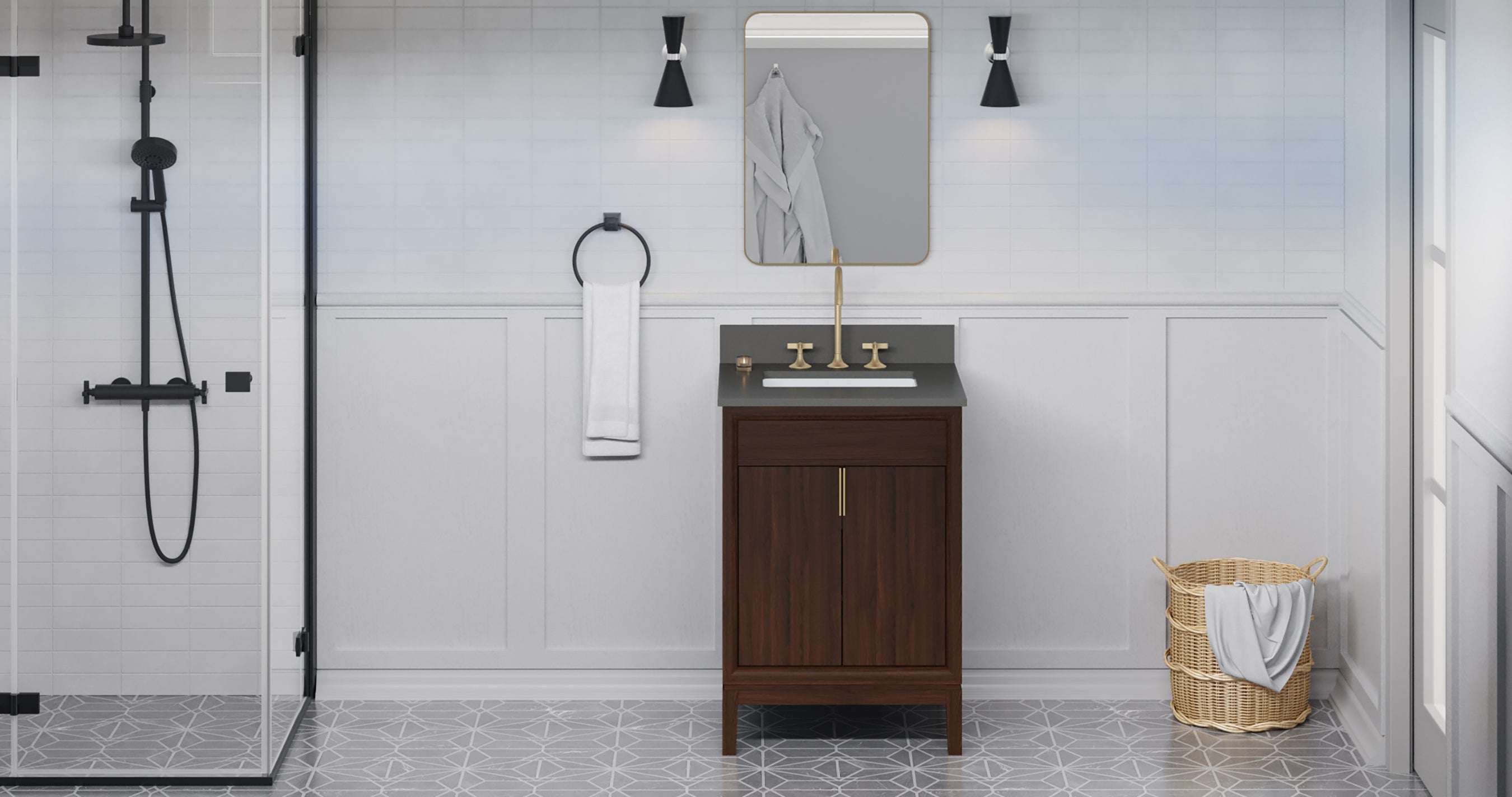 Theodora 24" Single Bathroom Vanity Set Dark Walnut, Grey Quartz Vanity Top, Rectangle Bowl | KitchBath