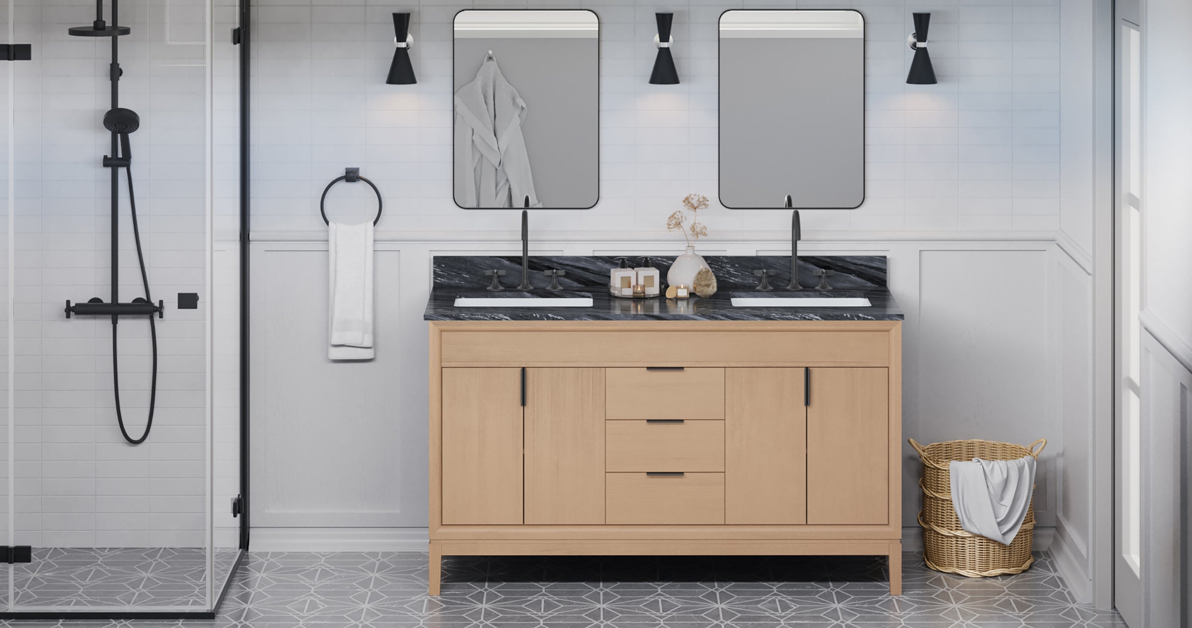 Theodora 60" Double Bathroom Vanity Set Natural Oak, Grey Marble Vanity Top, Rectangle Bowl | KitchBath