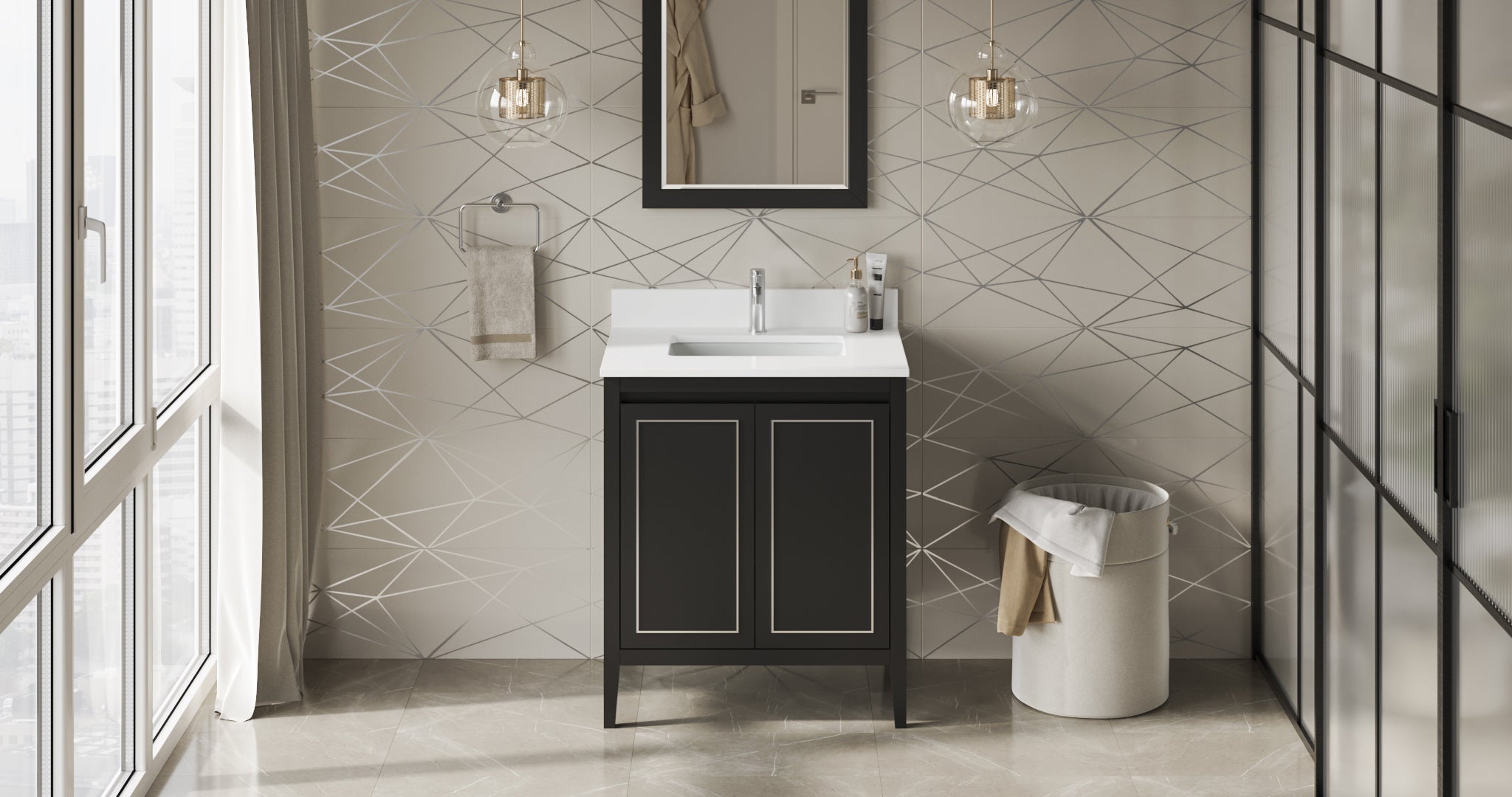Percival 30" Black Percival Vanity, White Quartz Vanity Top, Undermount Rectangle Sink | KitchBath