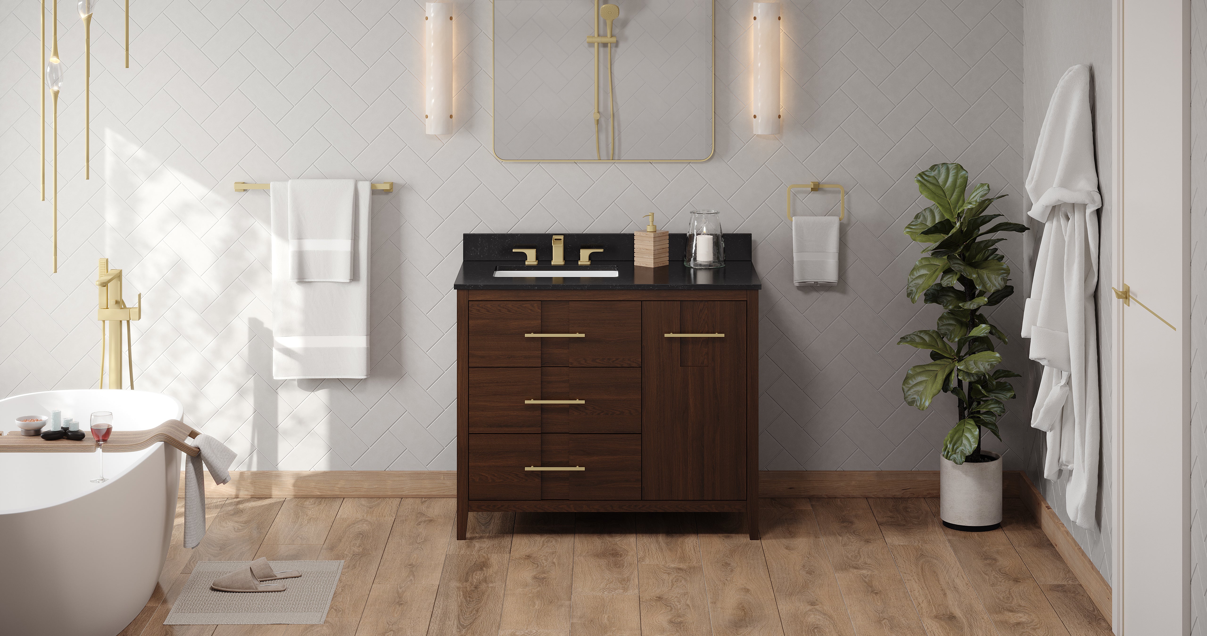 Katara 42" Single Bathroom Vanity Set Dark Walnut, Black Granite Vanity Top, Rectangle Bowl | KitchBath