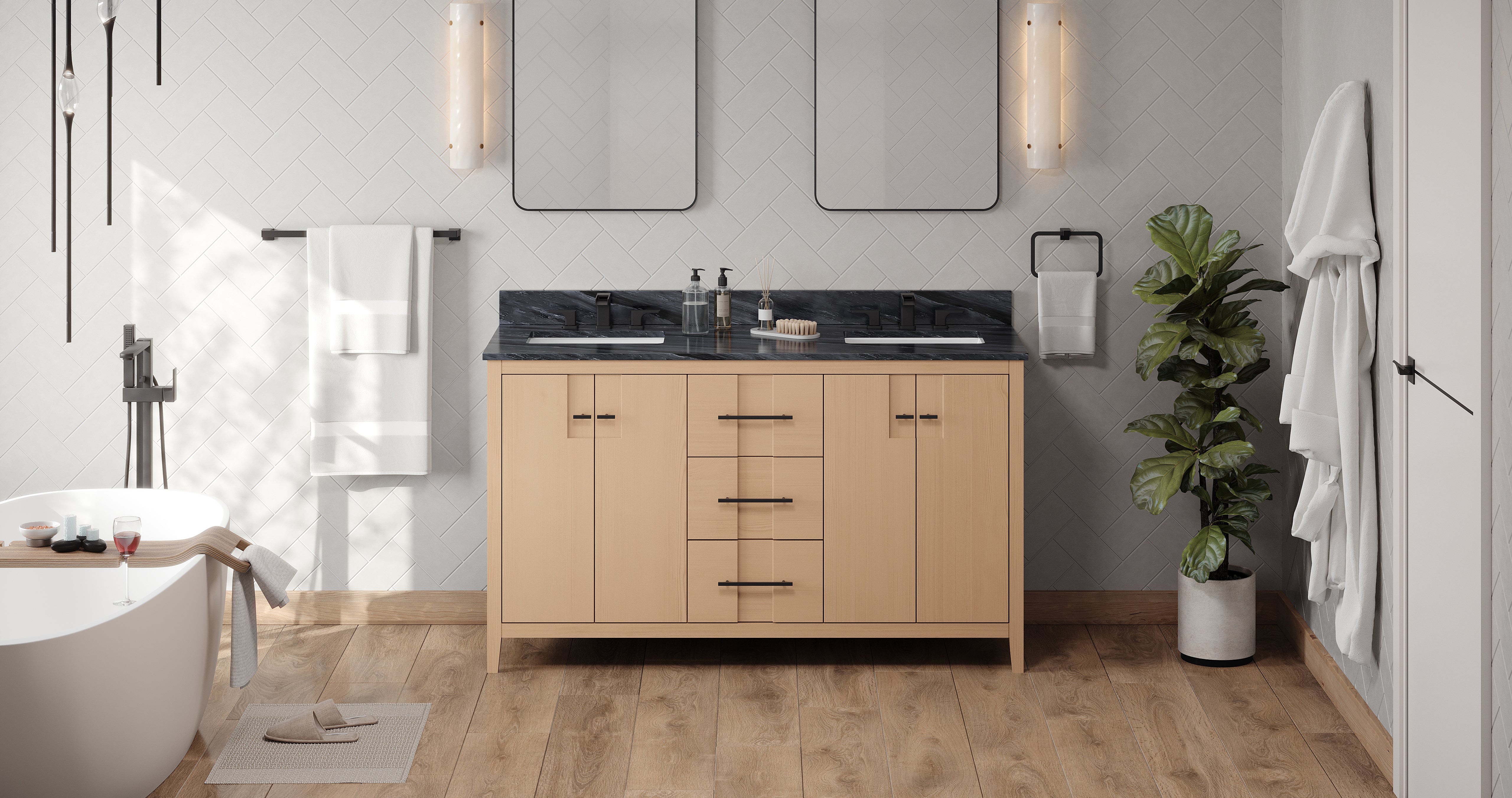 Katara 60" Double Bathroom Vanity Set Natural Oak, Grey Marble Vanity Top, Rectangle Bowl | KitchBath