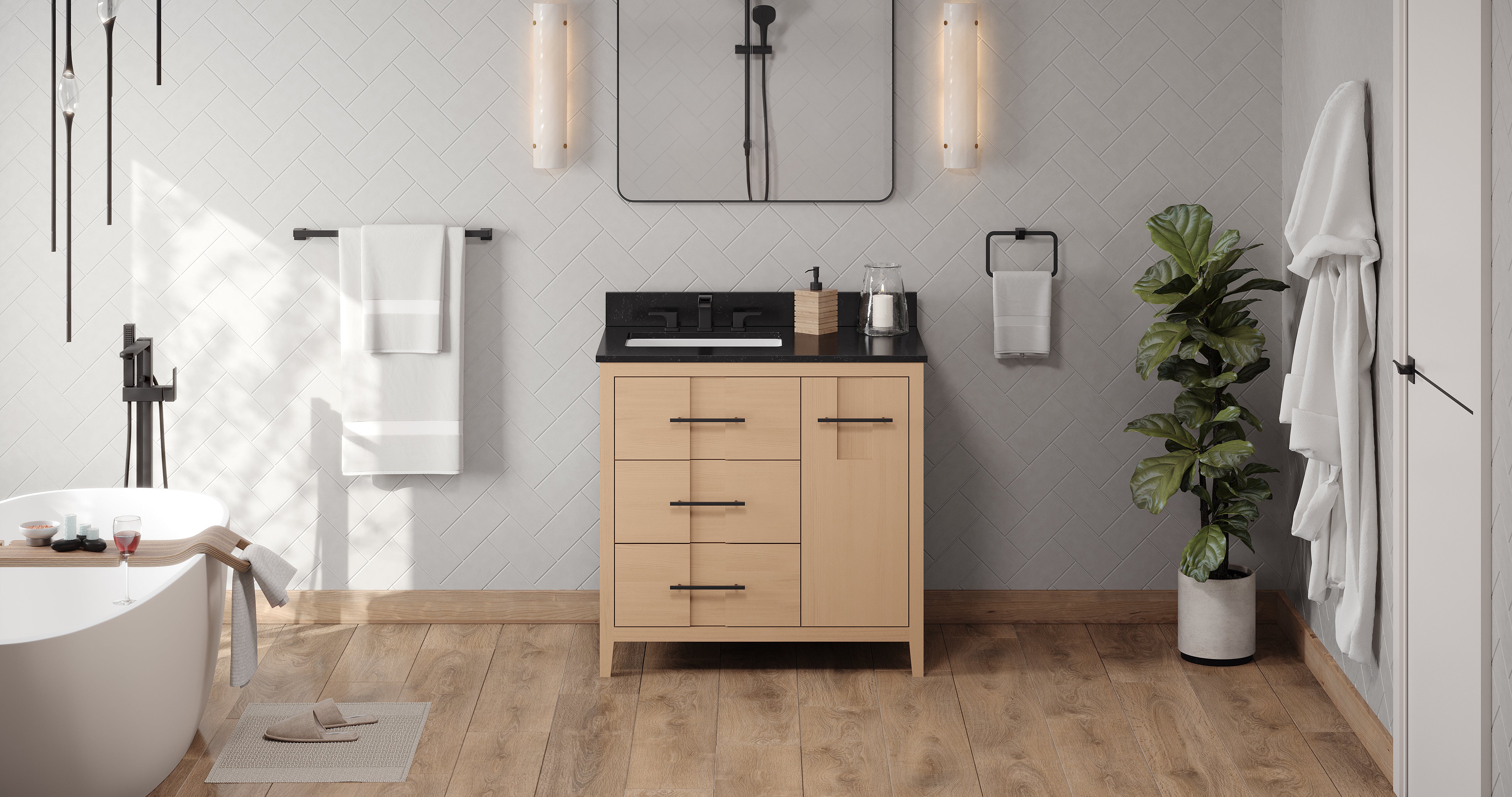 Katara 36" Single Bathroom Vanity Set Natural Oak, Black Granite Vanity Top, Rectangle Bowl | KitchBath