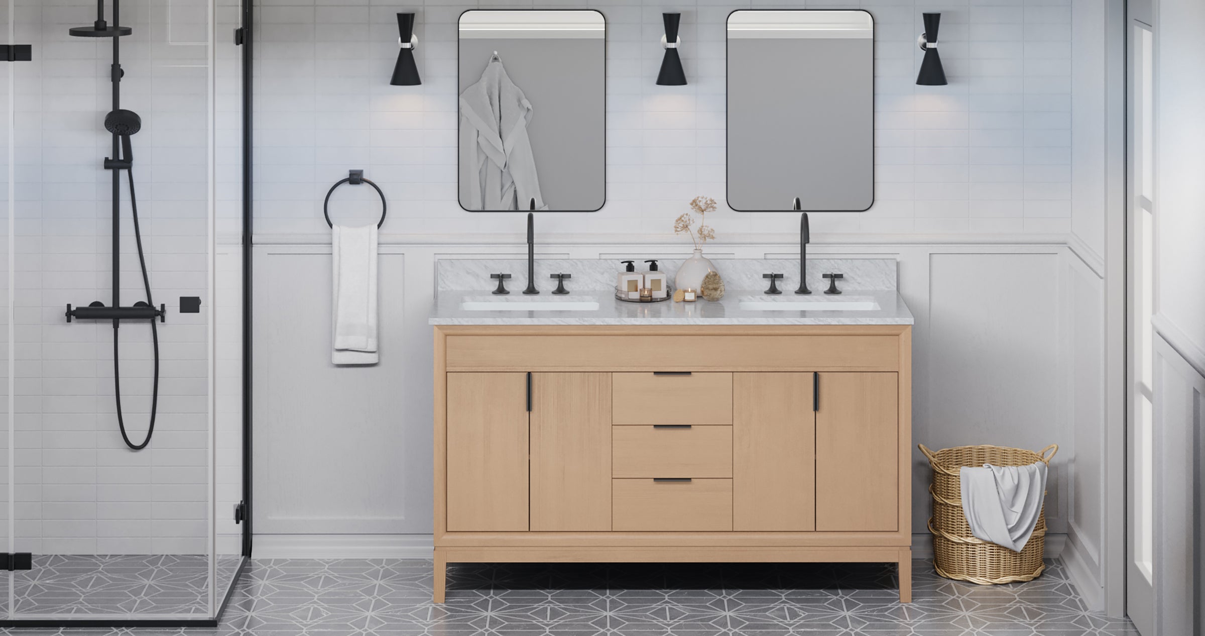 Theodora 60" Double Bathroom Vanity Set Natural Oak, White Carrara Marble Vanity Top, Rectangle Bowl | KitchBath