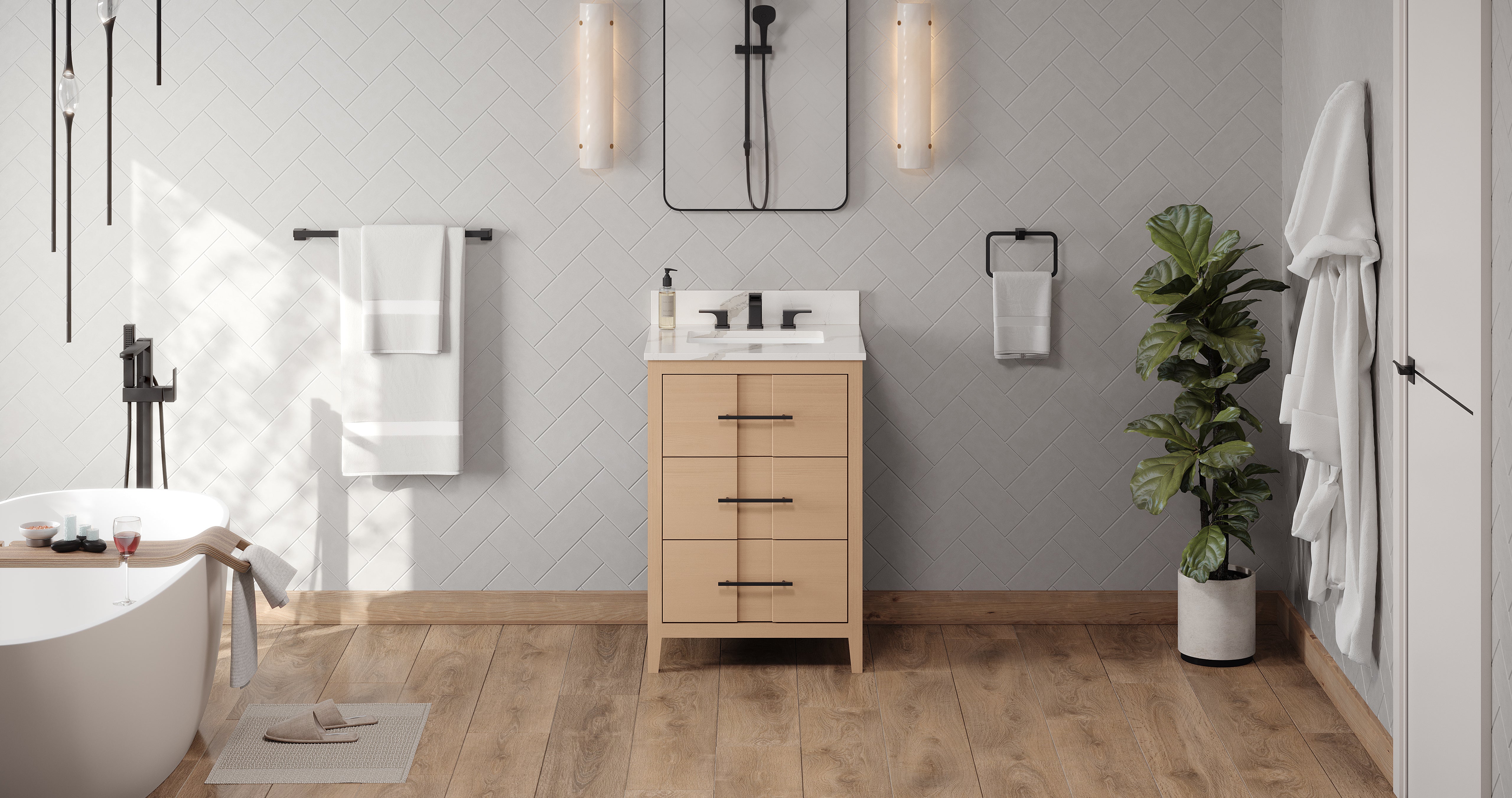 Katara 24" Single Bathroom Vanity Set Natural Oak, Calacatta Vienna Quartz Vanity Top, Rectangle Bowl | KitchBath