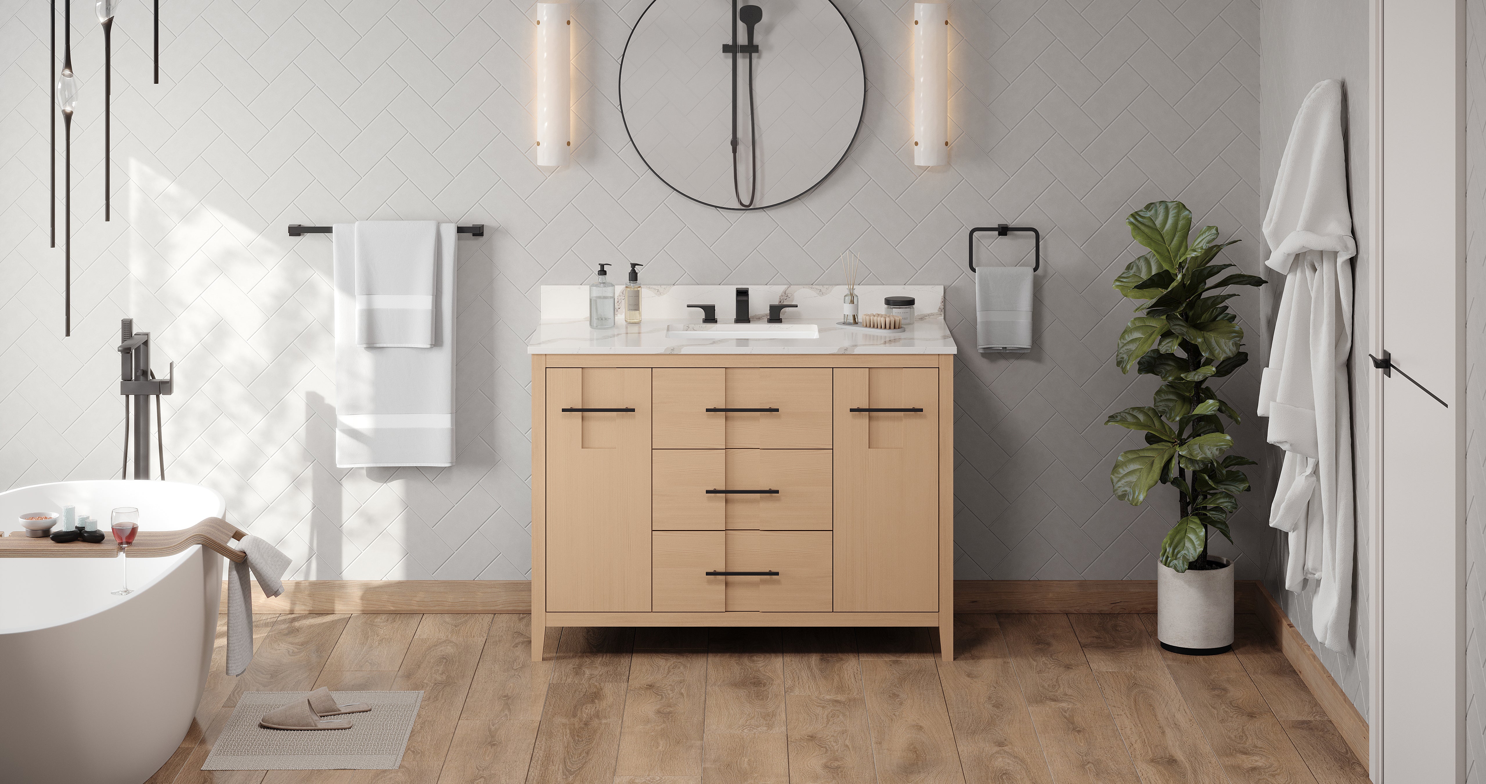 Katara 48" Single Bathroom Vanity Set Natural Oak, Calacatta Vienna Quartz Vanity Top, Rectangle Bowl | KitchBath